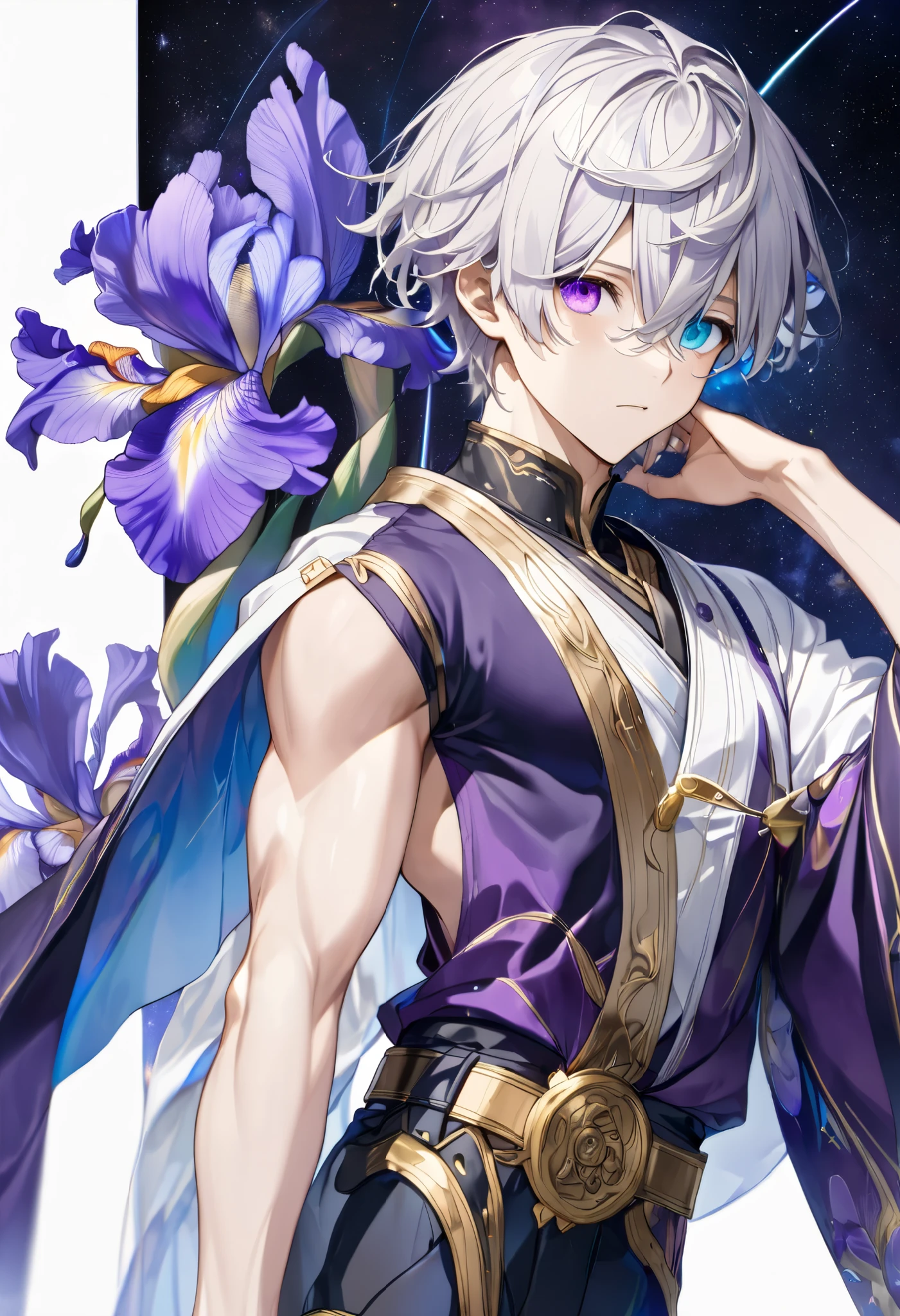 fresh illustration ,
Superfine painting,
very delicate illustration ,
Very fine details ,
Picture of only one boy ,
Height: 158cm,
(( standing)),
white skin,
(((((The right iris is purple and the left iris is blue)))))
(((((Complete iris heterochromia ))))),
beautiful eyes,
large black pupils ,
short hair,
Gray Hair,
hair roots are bluish ,
The hair has gradation ,
shiny hair with makeup,
Beautiful and pretty face,
A small rear wheel that shines brightly floats above the head ,
raised eyebrows ,
and is wearing a kimono on the upper body in kimono,
Masculine physique,
Six Pack,
Super Skinny,
No boobs,
lower body Nadres ,
The color of the belt is black ,
Overall white clothes ,
The design is tastefully embroidered with gold thread,
fine fabric clothing ,
jockstrap underwear ,
Thigh Straps,
Thigh Strapsは肌に食い込んでいる,
white long boots,
There are countless Japanese style ,
number of fingers on the hands and feet ,
thin waist,
thin legs ,
Isometric,
Golden Ratio,
god々 like atmosphere,
The undershirt is indigo-colored with a stand-up collar,
outer space ,
Milky Way,
Little Star々 upper body ,
tactical use of shadows ,
rings of the head and hair do not stick out of the angle of view,
Clothes don't stick out of the angle of view ,
(( full shot))