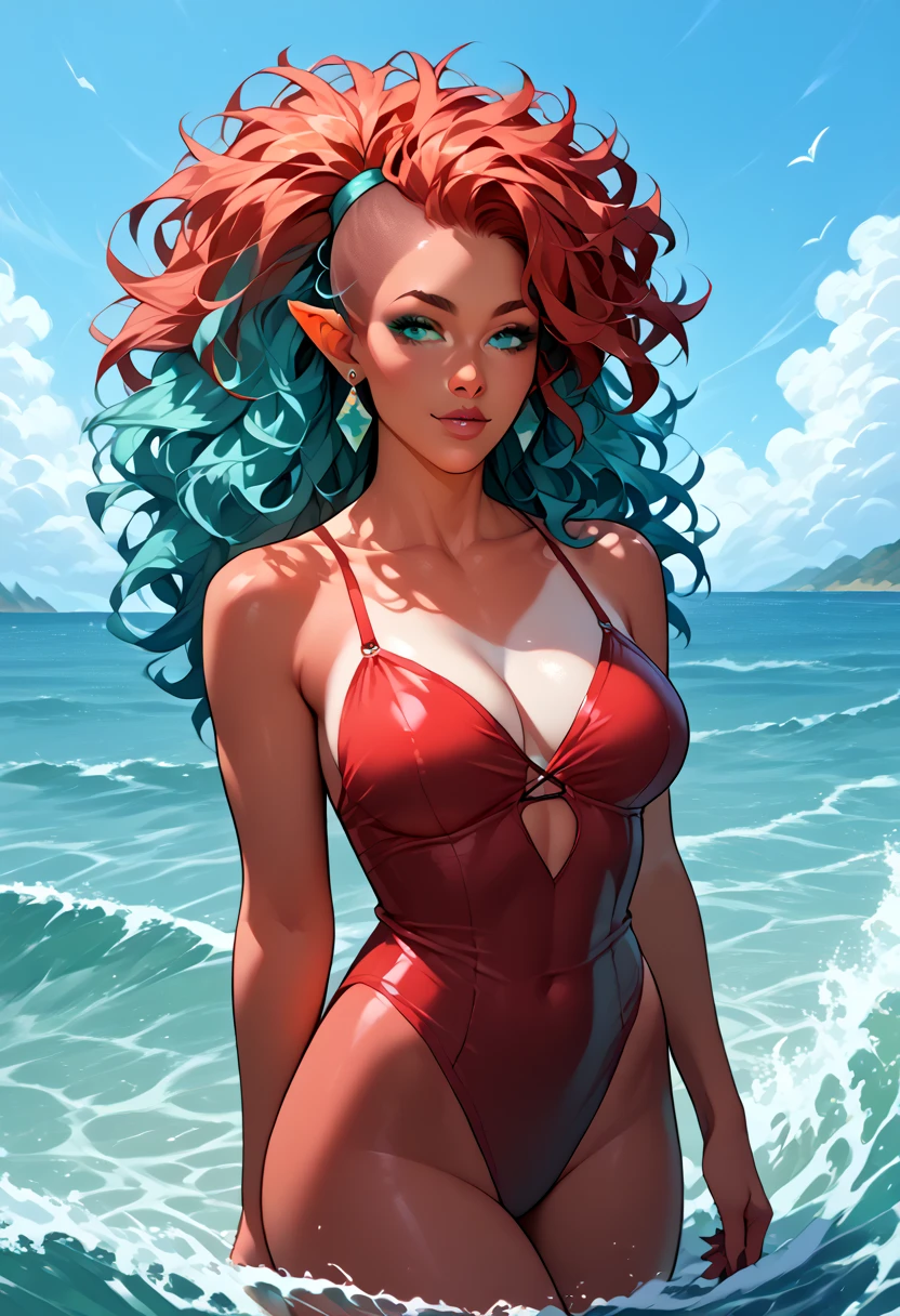 Super happy and cute female elf, pointy ears,huge breasts with cleavage (really big details)with freckles and red hair, holding your cheeks,sitting on the pier with bare feet in the water