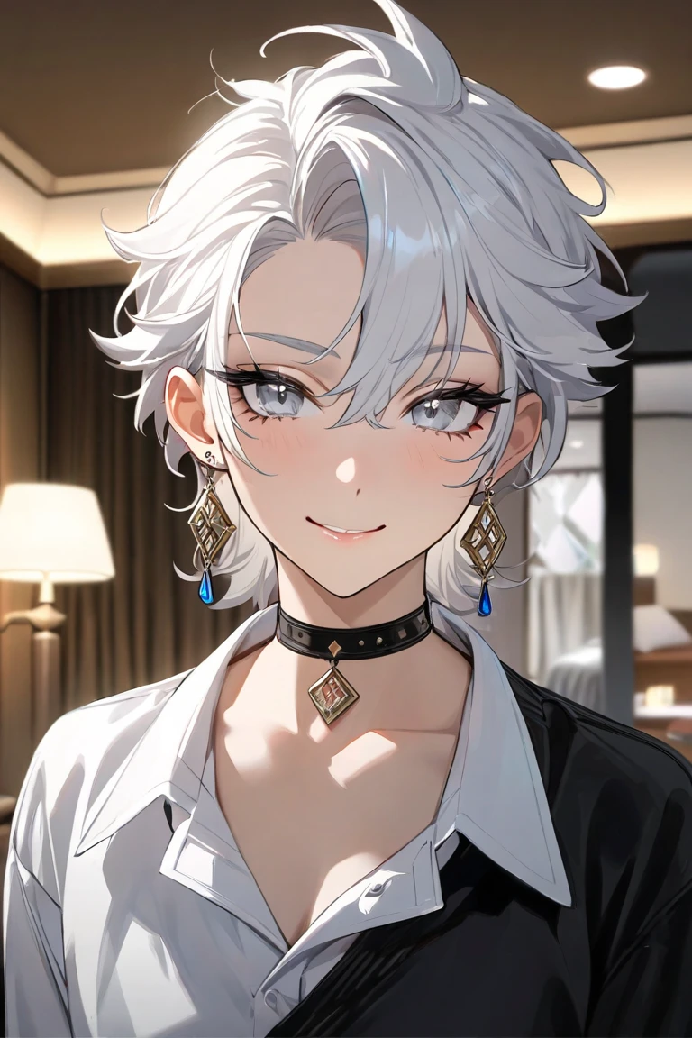 masterpiece, high quality, highres,detailed, 1 white boy,white short hair center parting messy,long sideburn hair,femboy,choker,portrait,young pretty,Beautiful eyelashes,white beautiful eyes, full body,sexy cloths,big bottom,earrings,pure beautiful small soft smile, laxury room background,condominium background 