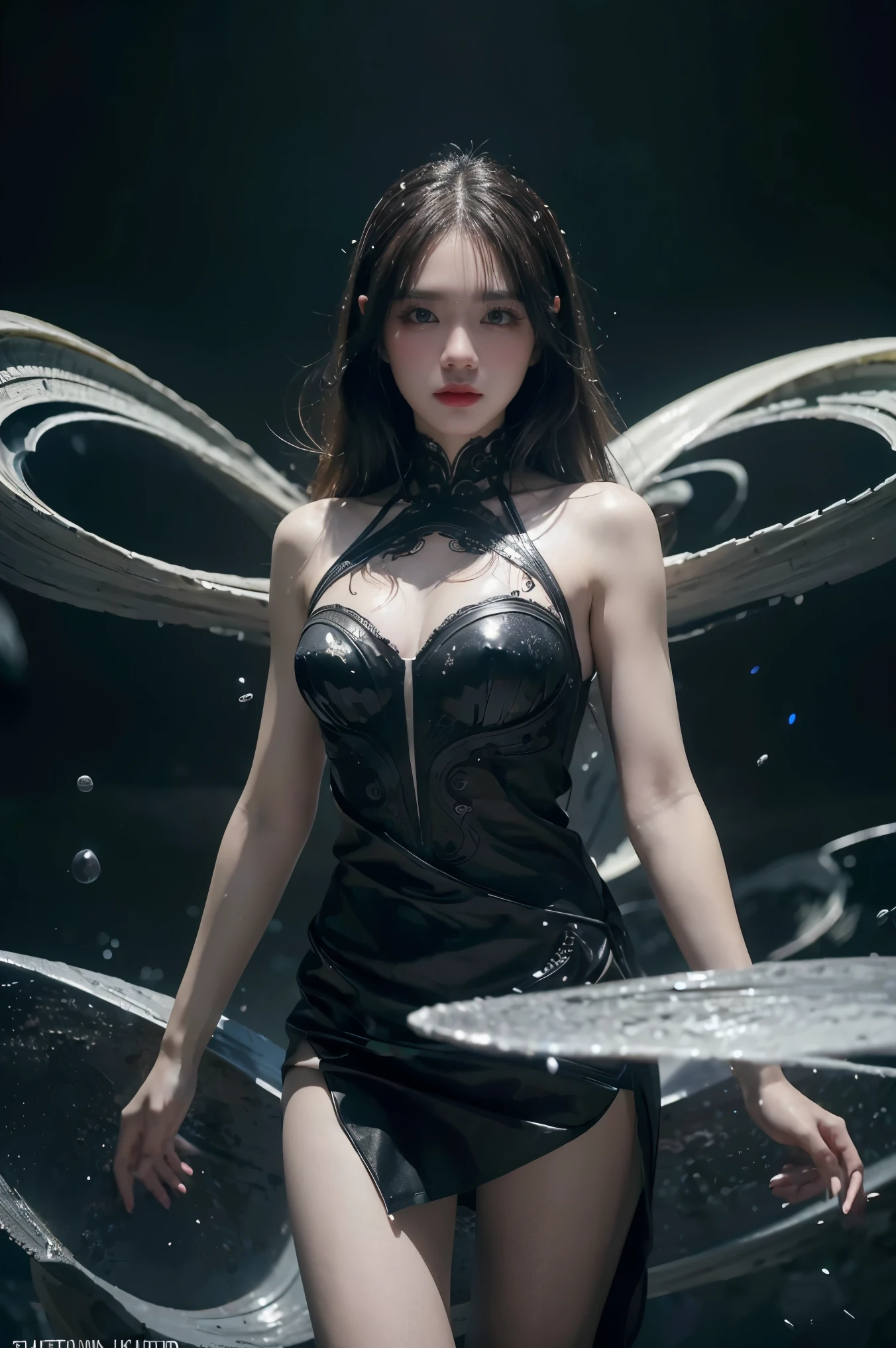 Full figure, seven -clinging shooting, 18 years old, wearing transparent science fiction dress, exquisite faces, details, hands, ultimate details, amazing magnificence, LED internal lighting, Pedaipan style, fiber hair, glowing black iris, glowing black iris,