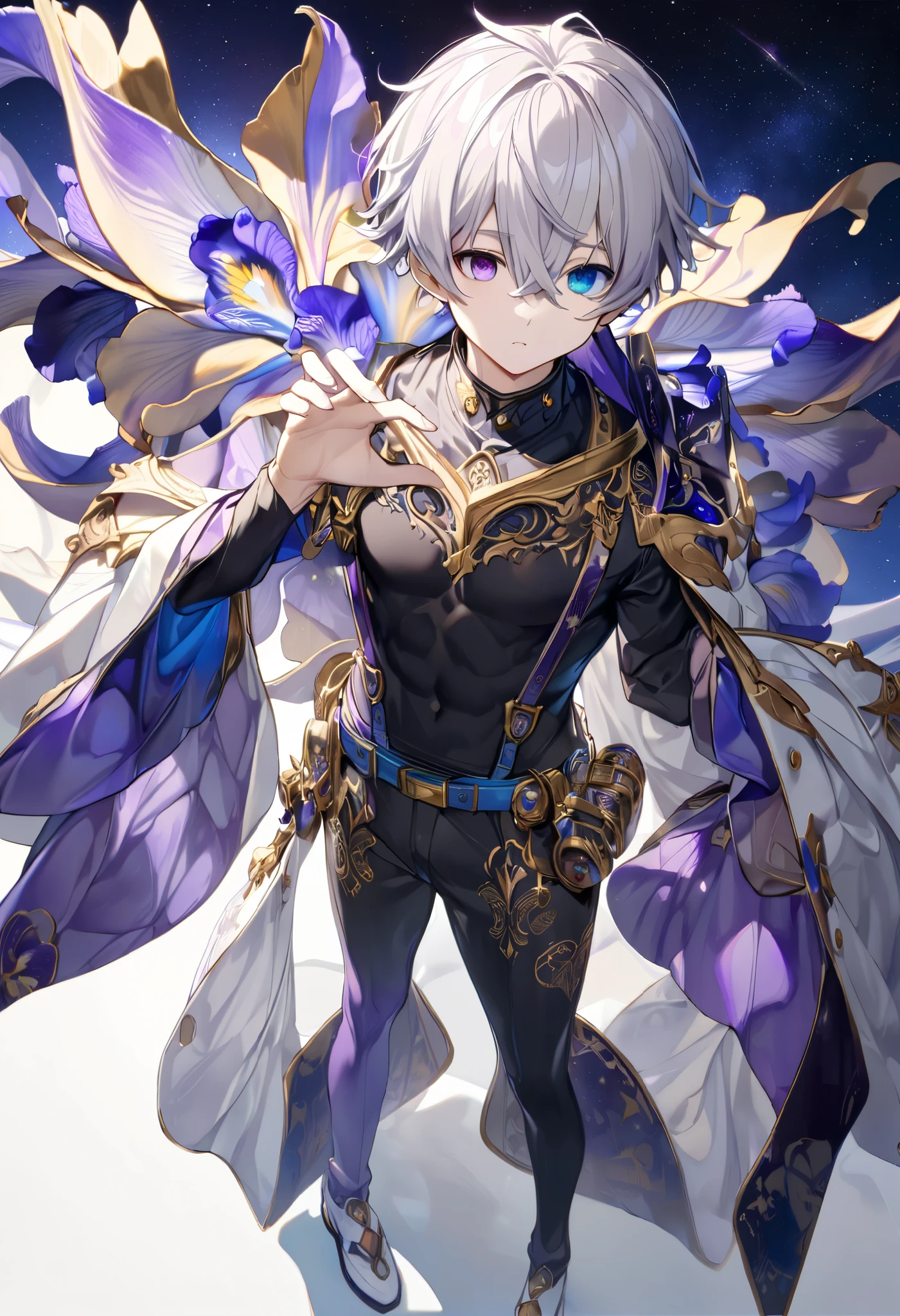 fresh illustration ,
Superfine painting,
very delicate illustration ,
Very fine details ,
Picture of only one boy ,
Height: 158cm,
(( standing)),
white skin,
(((((The right iris is purple and the left iris is blue)))))
(((((Complete iris heterochromia ))))),
beautiful eyes,
large black pupils ,
short hair,
Gray Hair,
hair roots are bluish ,
The hair has gradation ,
shiny hair with makeup,
Beautiful and pretty face,
A small rear wheel that shines brightly floats above the head ,
raised eyebrows ,
and is wearing a kimono on the upper body in kimono,
Masculine physique,
Six Pack,
Super Skinny,
No boobs,
lower body Nadres ,
The color of the belt is black ,
Overall white clothes ,
The design is tastefully embroidered with gold thread,
fine fabric clothing ,
jockstrap underwear ,
Thigh Straps,
Thigh Strapsは肌に食い込んでいる,
white long boots,
There are countless Japanese style ,
number of fingers on the hands and feet ,
thin waist,
thin legs ,
Isometric,
Golden Ratio,
god々 like atmosphere,
The undershirt is indigo-colored with a stand-up collar,
outer space ,
Milky Way,
Little Star々 upper body ,
tactical use of shadows ,
rings of the head and hair do not stick out of the angle of view,
Clothes don't stick out of the angle of view ,
(( full shot))