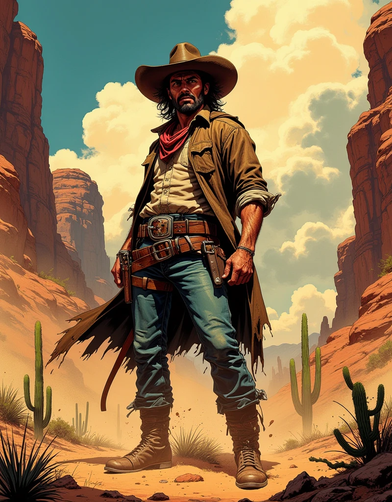 He has combed brown hair and a somewhat unkempt beard. His eyes are brown. Use John Marston from Red Dead Redemption as a reference. He wears a hat with a feather. He also has a scar on his face. He is American, with a strong sense of brotherhood, and is always seen smoking. I would like the art to be in a fantasy RPG style, set in the old west.