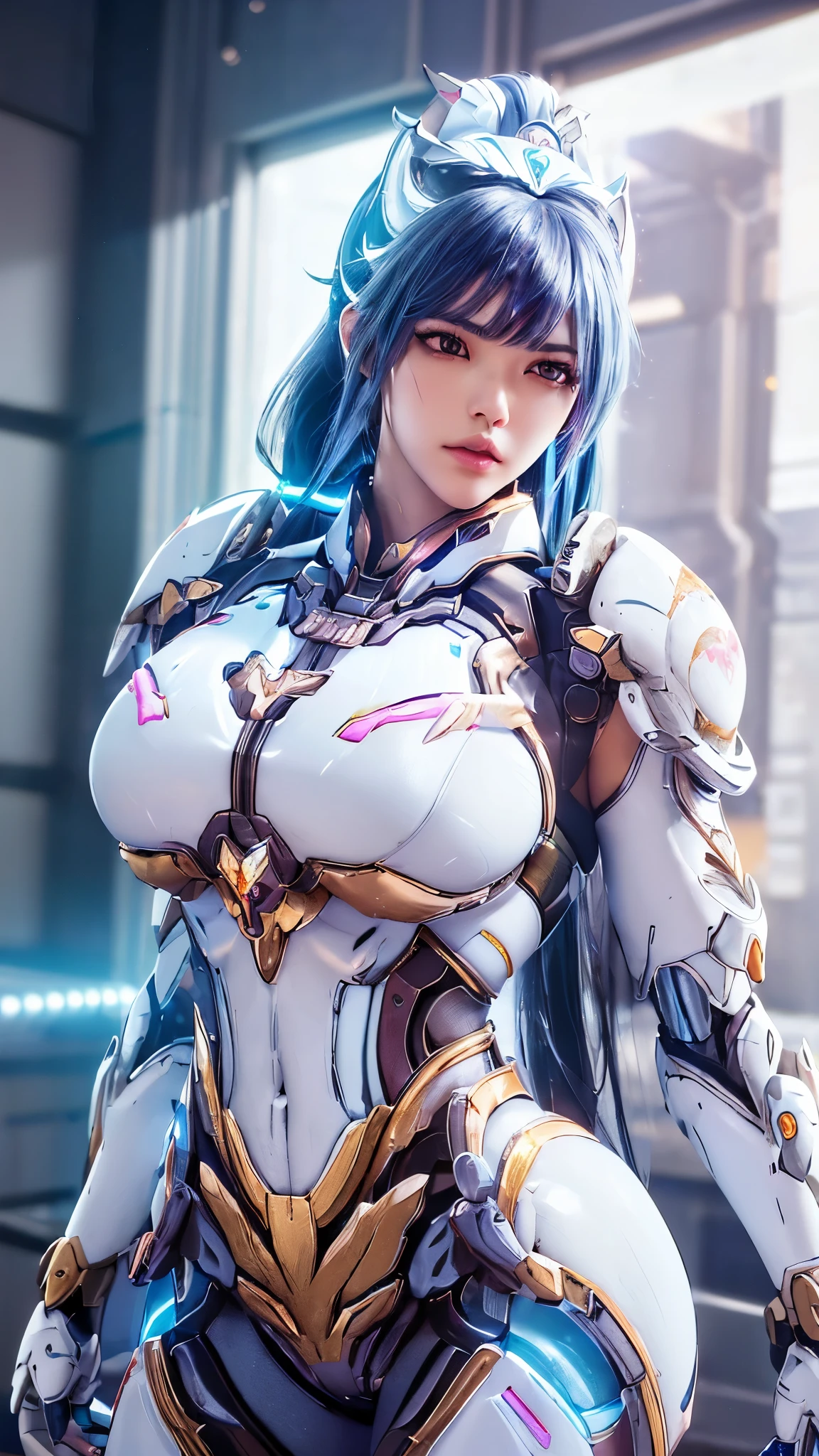 A beauty model girl with (blue and pink long ponytail hair, gold headwear accecories:1.3), (CLOSE UP UPPER BODY:0.8), (COWBOY SHOT PORTRAIT:1.4), ((K CUP OVERSIZE BREASTS, HUGE FAKE BREASTS:1.3)), (11 LINE ABS:1.5), ((RGB COLOR MECHA GUARD ARM, MECHA GUARD SHOULDER:1.5)), (SHINY BLUE SKINTIGHT MECHA TRANSPARANT WHITE ARMOR FROM OVERWATCH 2:1.5), (VOLUPTUOUS HOURGLASS BODY TYPE, GLOWING BODY PALE SKIN:1.3), (LOOKING AT VIEWER:1.5), (HALLWAY OF FUTURISTIC SPACE STATION:1.3), (BRIGHT LIGHT WHITE_ROOM:1.3), HYPER TEXTURE, UNREAL ENGINE RENDER, PHYSICALLY-BASED RENDERING, ULTRA HIGHT DEFINITION, 16K, DSLR, 1080P.