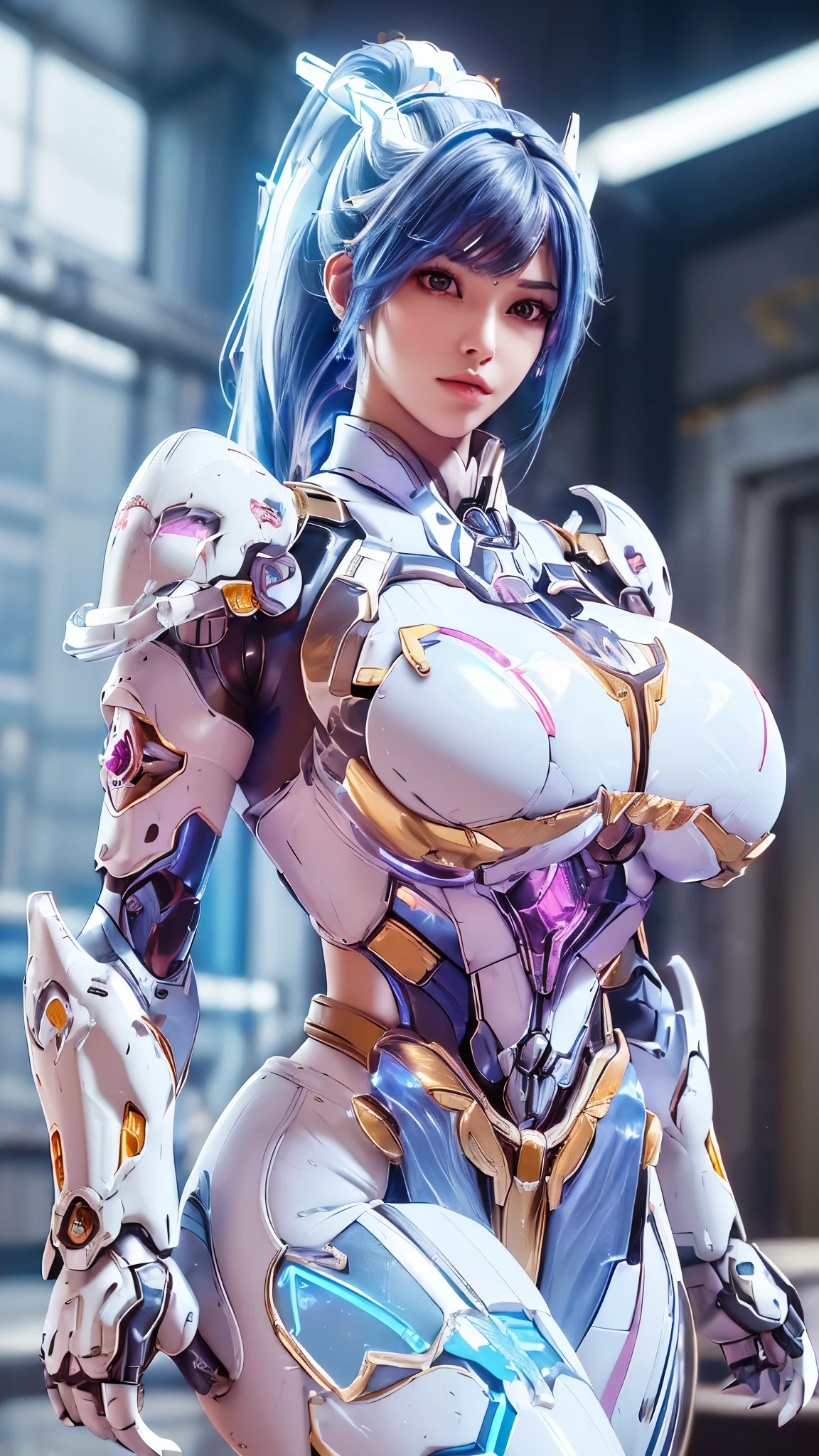 A beauty model girl with (blue and pink long ponytail hair, gold headwear accecories:1.3), (CLOSE UP UPPER BODY:0.8), (COWBOY SHOT PORTRAIT:1.4), ((K CUP OVERSIZE BREASTS, HUGE FAKE BREASTS:1.3)), (11 LINE ABS:1.5), ((RGB COLOR MECHA GUARD ARM, MECHA GUARD SHOULDER:1.5)), (SHINY BLUE SKINTIGHT MECHA TRANSPARANT WHITE ARMOR FROM OVERWATCH 2:1.5), (VOLUPTUOUS HOURGLASS BODY TYPE, GLOWING BODY PALE SKIN:1.3), (LOOKING AT VIEWER:1.5), (HALLWAY OF FUTURISTIC SPACE STATION:1.3), (BRIGHT LIGHT WHITE_ROOM:1.3), HYPER TEXTURE, UNREAL ENGINE RENDER, PHYSICALLY-BASED RENDERING, ULTRA HIGHT DEFINITION, 16K, DSLR, 1080P.