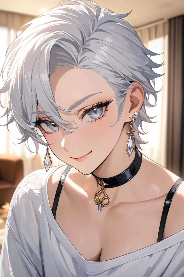 masterpiece, high quality, highres,detailed, 1 white boy,white short hair center parting messy,long sideburn hair,femboy,choker,portrait,young pretty,Beautiful eyelashes,white beautiful eyes, full body,sexy cloths,big bottom,earrings,pure beautiful small soft smile, laxury room background,condominium background 