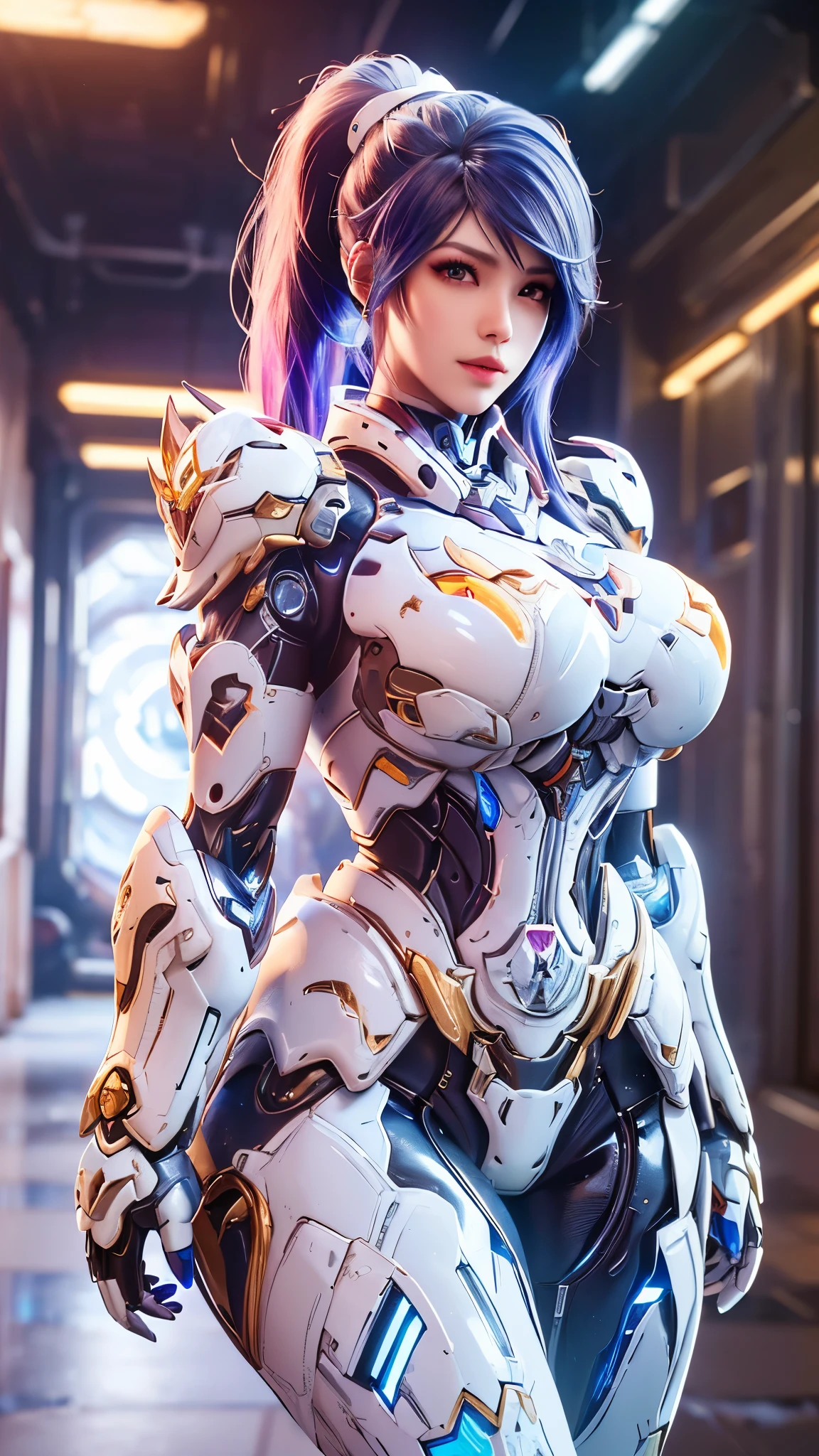 A beauty model girl with (blue and pink long ponytail hair, gold headwear accecories:1.3), (CLOSE UP UPPER BODY:0.8), (COWBOY SHOT PORTRAIT:1.4), ((K CUP OVERSIZE BREASTS, HUGE FAKE BREASTS:1.3)), (11 LINE ABS:1.5), ((RGB COLOR MECHA GUARD ARM, MECHA GUARD SHOULDER:1.5)), (SHINY BLUE SKINTIGHT MECHA TRANSPARANT WHITE ARMOR FROM OVERWATCH 2:1.5), (VOLUPTUOUS HOURGLASS BODY TYPE, GLOWING BODY PALE SKIN:1.3), (LOOKING AT VIEWER:1.5), (HALLWAY OF FUTURISTIC SPACE STATION:1.3), (BRIGHT LIGHT WHITE_ROOM:1.3), HYPER TEXTURE, UNREAL ENGINE RENDER, PHYSICALLY-BASED RENDERING, ULTRA HIGHT DEFINITION, 16K, DSLR, 1080P.