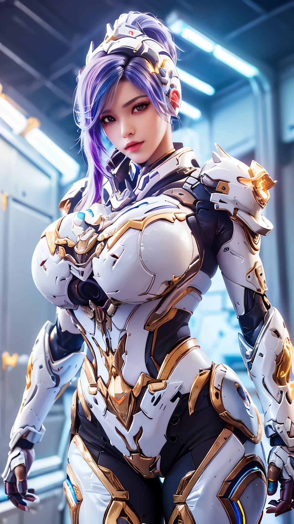 A beauty model girl with (blue and pink long ponytail hair, gold headwear accecories:1.3), (CLOSE UP UPPER BODY:0.8), (COWBOY SHOT PORTRAIT:1.4), ((K CUP OVERSIZE BREASTS, HUGE FAKE BREASTS:1.3)), (11 LINE ABS:1.5), ((RGB COLOR MECHA GUARD ARM, MECHA GUARD SHOULDER:1.5)), (SHINY BLUE SKINTIGHT MECHA TRANSPARANT WHITE ARMOR FROM OVERWATCH 2:1.5), (VOLUPTUOUS HOURGLASS BODY TYPE, GLOWING BODY PALE SKIN:1.3), (LOOKING AT VIEWER:1.5), (HALLWAY OF FUTURISTIC SPACE STATION:1.3), (BRIGHT LIGHT WHITE_ROOM:1.3), HYPER TEXTURE, UNREAL ENGINE RENDER, PHYSICALLY-BASED RENDERING, ULTRA HIGHT DEFINITION, 16K, DSLR, 1080P.