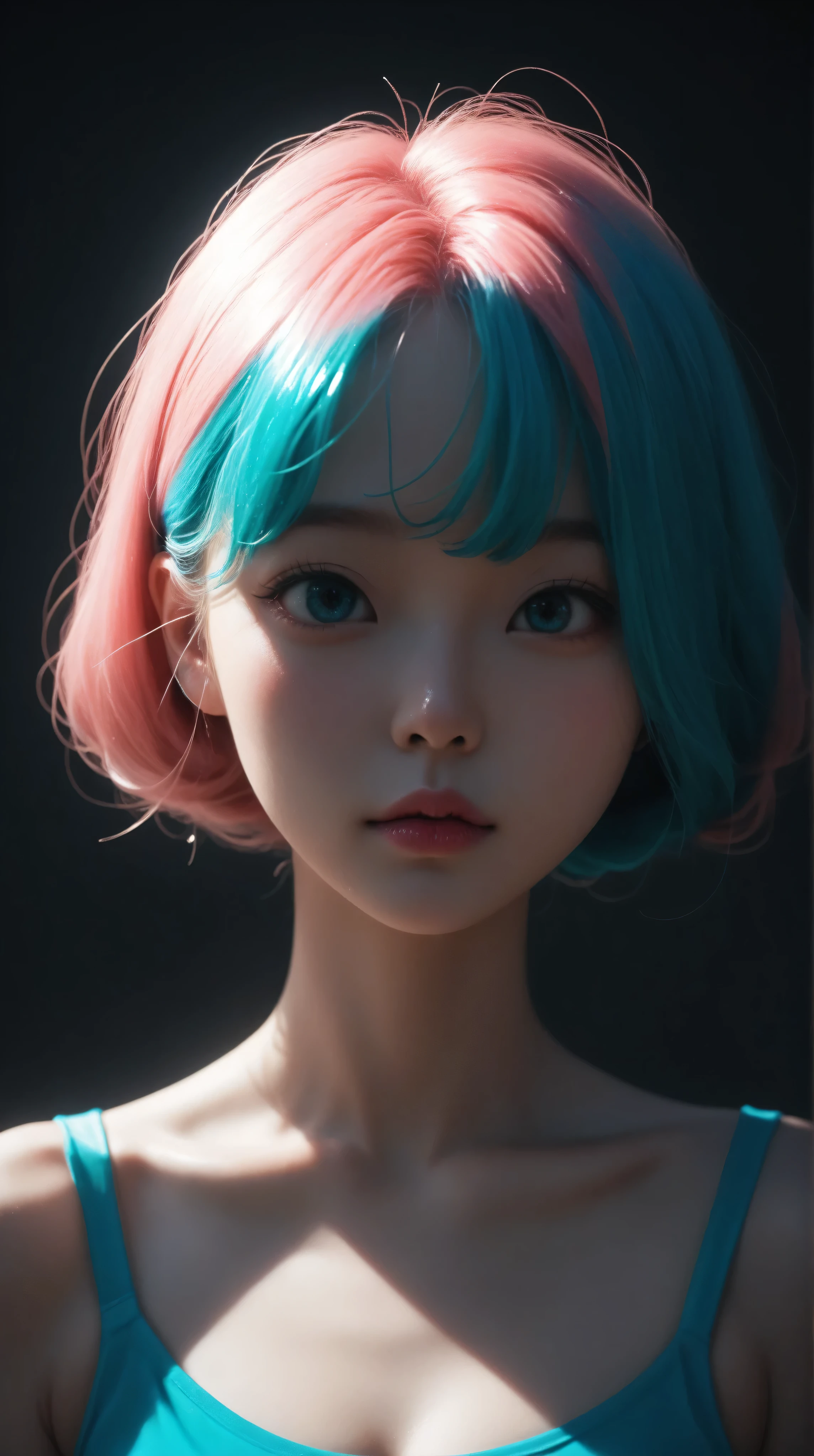 Kizi，Highly detailed, Amazing work，Vitreous luster,((clean backdrop))，In pink，(((blue colors)))，green color，red colour，Best quality at best，clean backdrop, young korean girl, slender, 