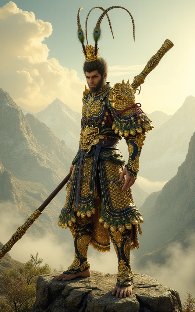 dashengtao,stick,1man,armor,shuimo,A helmet decorated with peacock feathers,solo,full armor,helmet,male focus,weapon,holding stick,polearm,shoulder armor,standing on the mountain,sunshine,from front