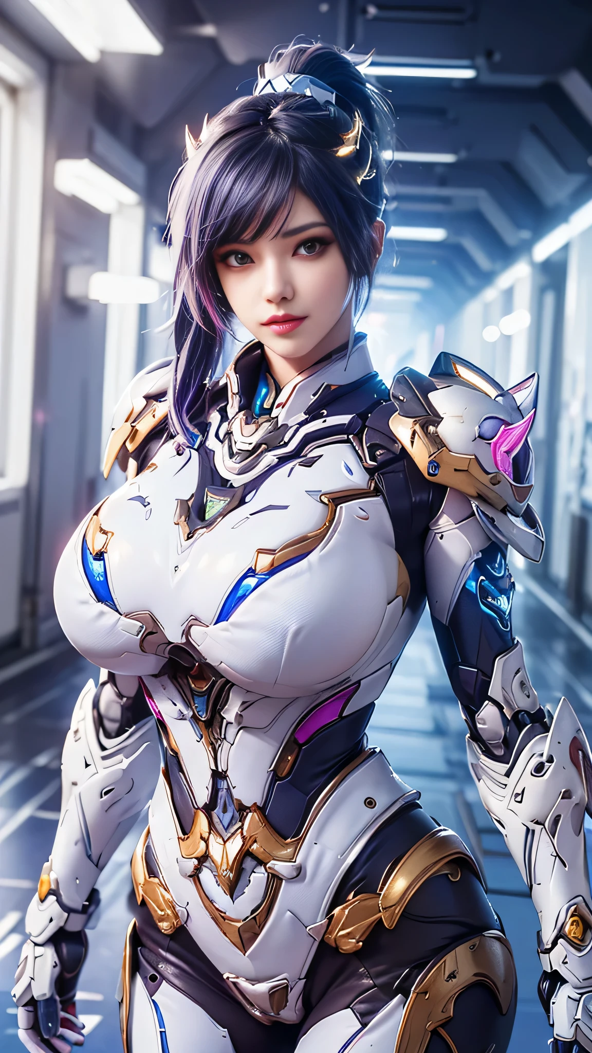 A beauty model girl with (blue and pink long ponytail hair, gold headwear accecories:1.3), (CLOSE UP UPPER BODY:0.8), (COWBOY SHOT PORTRAIT:1.4), ((K CUP OVERSIZE BREASTS, HUGE FAKE BREASTS:1.3)), (11 LINE ABS:1.5), ((RGB COLOR MECHA GUARD ARM, MECHA GUARD SHOULDER:1.5)), (SHINY BLUE SKINTIGHT MECHA TRANSPARANT WHITE ARMOR FROM OVERWATCH 2:1.5), (VOLUPTUOUS HOURGLASS BODY TYPE, GLOWING BODY PALE SKIN:1.3), (LOOKING AT VIEWER:1.5), (HALLWAY OF FUTURISTIC SPACE STATION:1.3), (BRIGHT LIGHT WHITE_ROOM:1.3), HYPER TEXTURE, UNREAL ENGINE RENDER, PHYSICALLY-BASED RENDERING, ULTRA HIGHT DEFINITION, 16K, DSLR, 1080P.