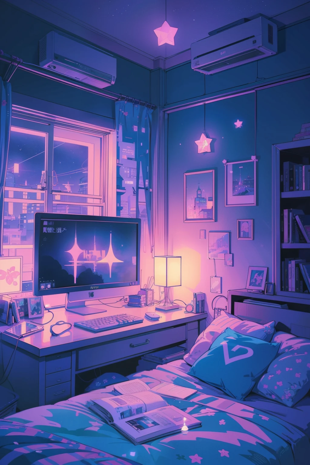 This is a (((lofi anime art print))) of a dreamy and soft y2k bedroom. The bedroom is cozy and nostalgic. ((The lofi and y2k aesthetic are important.)) Include a cluttered desk and bookcase filled with vintage charm. Include a retro computer on the desk. ((There are no people in this image.)) A prominent window in the serene bedroom overlooks a simple pastel city twinkling with stars and a mesmerizing meteor shower. Bathe this artwork in pastel purples, blues, and pinks, creating a dreamy, whimsical, and soft atmosphere. Peaceful mood, soft lighting, dreamy atmosphere, photographic, cinematic, intricate details, high quality, masterpiece, Art Lofi, Null Art Style, Lofi Sensation, portrait of lofi, Lofi Colors, null, lo-fi art, Lofi Vibes , Lofi atmosphere, Lofi hip hop, (Lofi Girl Aesthetics), computer aesthetic, ((dreamcore aesthetic)), (((y2k aesthetic))), y 2 k aesthetic, dreamy aesthetic, office background, background art, highschool background, gamer aesthetic, kawaii aesthetic, wallpaper aesthetic, dreamy illustration, soft aesthetic, cyber aesthetic, magical colored theme, toon aesthetic, violet colored theme, light academia aesthetic