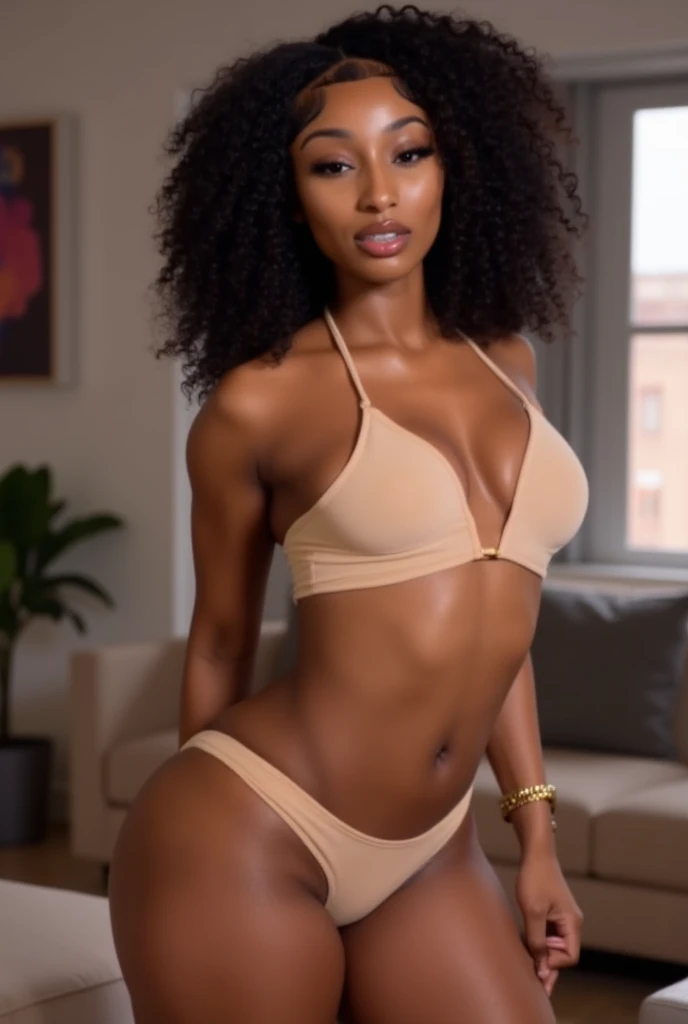 NSFW, naked, open legs pose, naked pussy, ((Masterpiece, Best Quality, UHD, anatomically correct, photographic realism, textured skin, textured hair)) The model is an African American woman with long brown hair tied in a ponytail and wearing lingerie.. The location is on the beach. Shows the full photo of the model's body., she is kneeling with her legs apart give the model (balanced facial symmetry, healthy and radiant skin, fit and toned physique, Balanced and proportionate body shape., confidence and elegance in the pose, big sexy smile, happy, hide your hands)