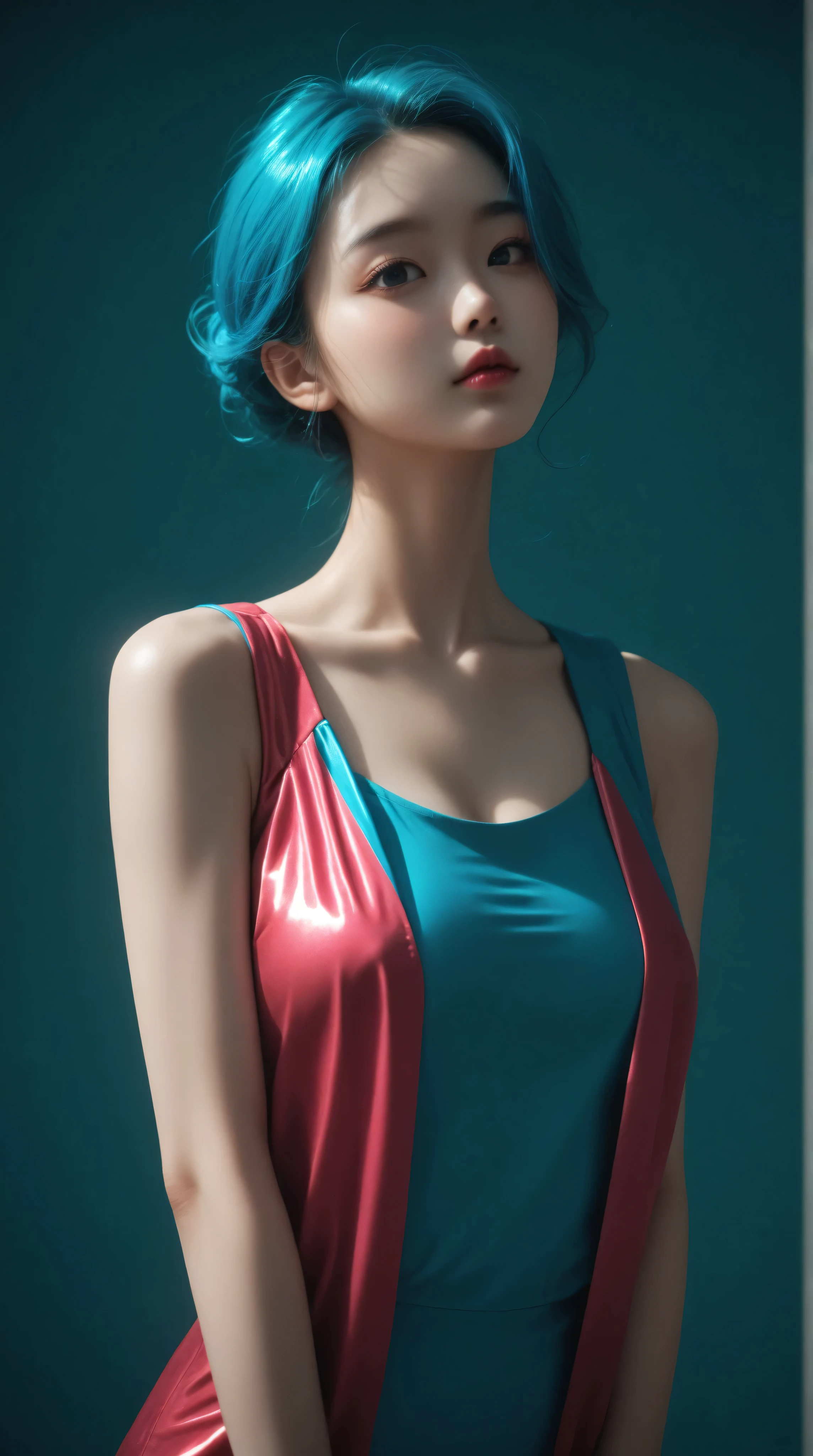 Kizi，Highly detailed, Amazing work，Vitreous luster,((clean backdrop))，In pink，(((blue colors)))，green color，red colour，Best quality at best，clean backdrop, young korean girl, slender, plunging neckline, 