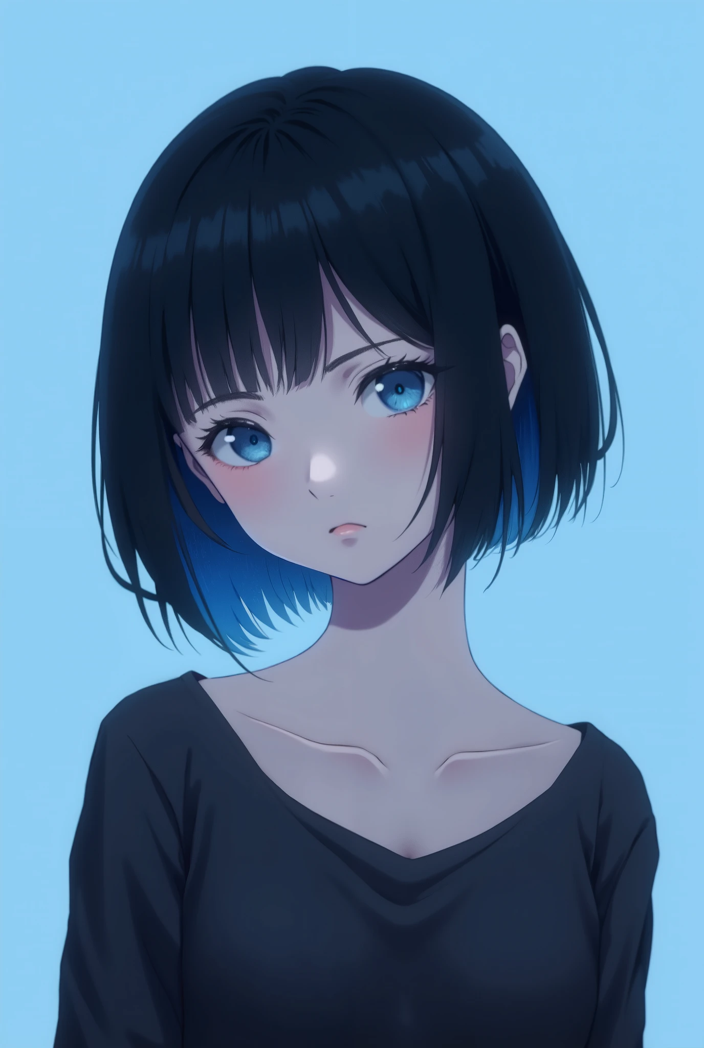 "An anime-style portrait of a young woman with short, straight black hair with blue streaks at the ends. She has a calm yet slightly melancholic expression, with sharp eyes and subtle makeup. She wears a loose black top, and the background is a solid soft blue, minimal and clean, focusing attention on the character's face and hairstyle."