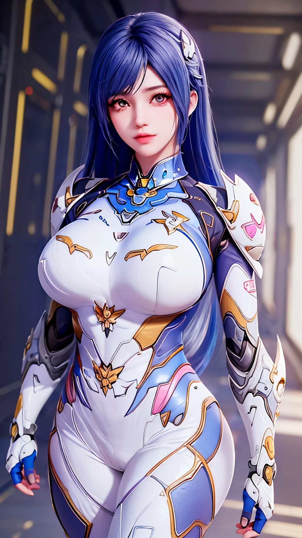 A beauty model girl with (blue pink multiple color long hair:1.5), (CLOSE UP UPPER BODY:0.8), (COWBOY SHOT PORTRAIT:1.4), ((K CUP OVERSIZE BREASTS, HUGE FAKE BREASTS:1.3)), (11 LINE ABS:1.5), ((RGB COLOR MECHA GUARD ARM, MECHA GUARD SHOULDER:1.5)), (SHINY BLUE SKINTIGHT MECHA TRANSPARANT WHITE ARMOR FROM OVERWATCH 2:1.5), (VOLUPTUOUS HOURGLASS BODY TYPE, GLOWING BODY PALE SKIN:1.3), (LOOKING AT VIEWER:1.5), (HALLWAY OF FUTURISTIC SPACE STATION:1.3), (BRIGHT LIGHT WHITE_ROOM:1.3), HYPER TEXTURE, UNREAL ENGINE RENDER, PHYSICALLY-BASED RENDERING, ULTRA HIGHT DEFINITION, 16K, DSLR, 1080P.