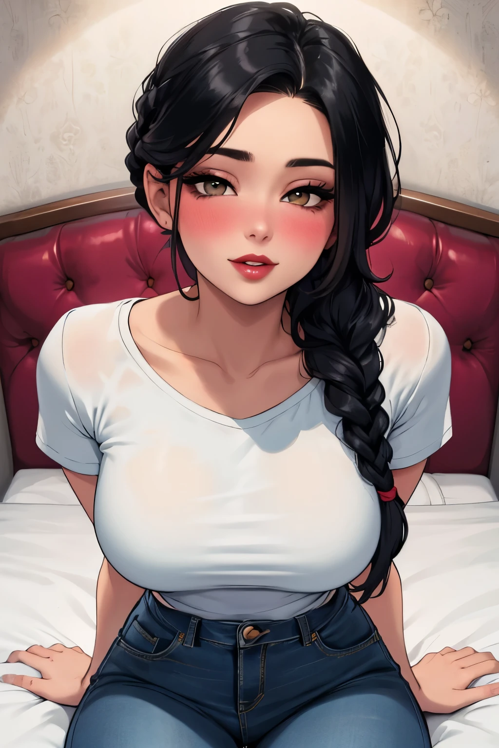 Amazing portrait of a cute and sexy woman with her black hair braided over her shoulder and a beautiful face with smokey eyes in a seductive gaze and red lips in a seductive smile, her porcelain skin blushing pink wearing a pastel yellow t shirt and jeans on a bed with intimate lighting beautifully accentuating her amazing features