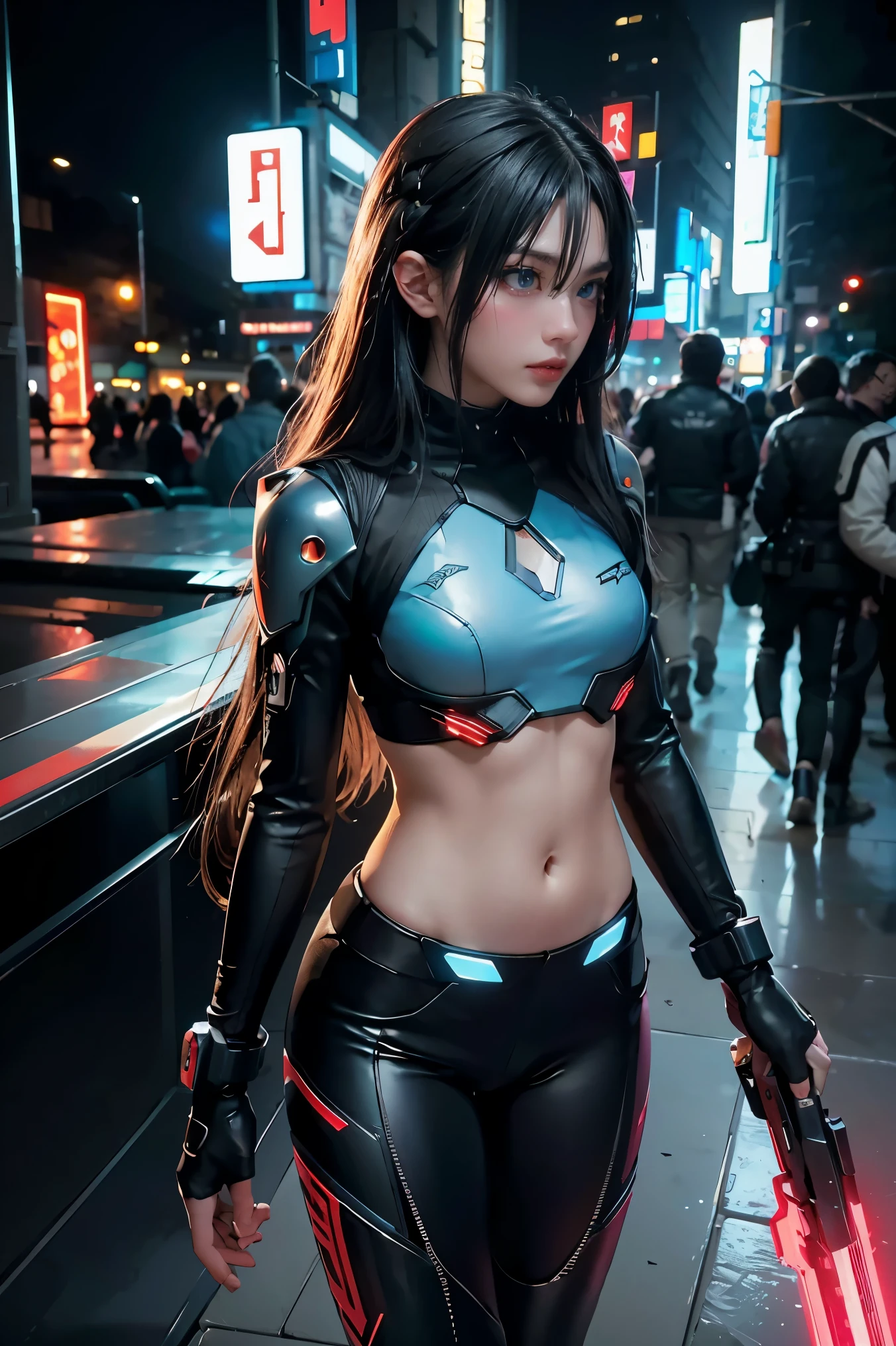 8K, Top Quality, Intricate Details, Ultra Detail, Ultra High Resolution, Masterpiece, , Slender, not Smile, (Makeup: 0.4), (Fluffy Blue Eyes: 1.21), blue Eyes,, ((full body)), 1girl, solo, 1 girl, (( full body)), close-up shot, standing, ((tall)), (((fit body))), (((slim face))), sharp face, sharp eyes, ((( black hair, long hair ))), (detailed face), sharp face, small lips, thin lips, holding gun, Holding a gunblade (( cyberpunk female, woman in a futuristic suit )), detailed face, detailed breast, large breast, detail, , Beautiful girl with accentuated slender abs: 1.4, Six Pack Abs: 1.4, Bust Botox, Big, Perfect Body, detail leg, ), cyberpunk background.