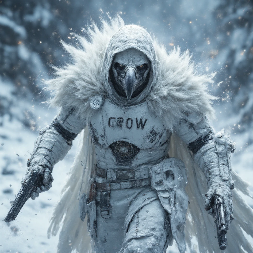 Muscular anthropomorphic white raven, donned in modern white snow armor and gear, white feather cloak with hood. His raven beak made of metal. Dynamically dual wielding pistols in an active firefight, on the move. Arctic battlefield background. The name "Crow" etched largely on his chest armor. Dramatic, High Resolution, Masterpiece, Award Winning, Depth Of Field, Image Fill, Floating Particles, Movement, High Definition, Awe-inspiring, Dynamic Composition, Cinematic Lighting, Cinematic, Hyperdetailed, Hyperrealism, Digital Art, Character Design 