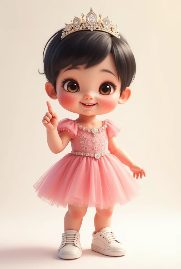 Create one year old baby image, De pele clara, dark shaped eyes, fly away, short dark hair. Wearing a pink princess dress with butterfly details. Full-body image. Pixar-style. standing. chubby