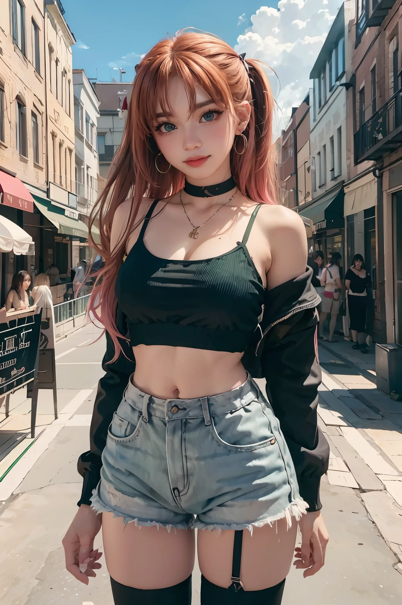 nicoledemara, nicole demara, (green eyes:1.5), pink hair, hair ornament, hair ribbon, hairclip, long hair, mole, mole on breast, mole on thigh, mole under eye, two side up, ribbon, smirk, smile, open mouth,
BREAK black footwear, black ribbon, black shorts, black socks, black thighhighs, boots, cleavage, crop top, earrings, jewelry, kneehighs, nail polish, necklace, o-ring, short shorts, shorts, single kneehigh, single sock, single thighhigh, socks, thigh strap, thighhighs, torn clothes, two side up,
BREAK outdoors, city, sky, clouds, sun, buildings, crowd, people, alley,
BREAK looking at viewer, (cowboy shot:1.5),
BREAK (masterpiece:1.2), best quality, high resolution, unity 8k wallpaper, (illustration:0.8), (beautiful detailed eyes:1.6), extremely detailed face, perfect lighting, extremely detailed CG, (perfect hands, perfect anatomy),