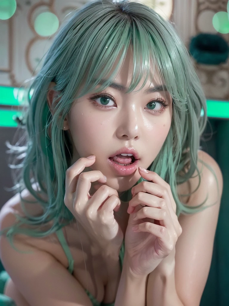 (8k, RAW photo, best quality, masterpiece:1.2), (realistic, photo-realistic:1.37),<lora:koreanDollLikeness_v10:0.4>,<lora:lucyCyberpunk_35Epochs:1>,cinematic lighting,(Kpop idol),cute,best quality,,ultra high res, (photorealistic:1.4),1girl,bangs,nude,{lying},bathtub,bathing,ice on bathtub ,bob cut, breasts, depth of field, from above, {upper body},nipples,close-up,gradient eyes, grey eyes, grey hair,sleepy, looking at viewer, mechanical parts, medium breasts, multicolored eyes, multicolored hair, outdoors,parted lips, railing, red eyeliner, science fiction, short hair with long locks, sidelocks,solo,teeth,dark room,metal wall,colorful neon lights