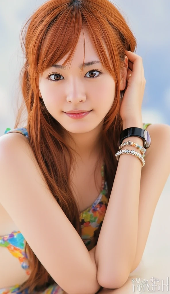 highest quality、8k、32K、Masseter muscle part、nffsw:1.3)、cute japanese girl、1 girl、long hair、profile、(crack your abs、slim body shape:1.2)、(lips) 、smiling showing teeth,(orange hair)、double eyelid、shiny skin、realistic rays of light、big、beautiful face、(laughter:1.3)、squat、(From above:1.2)、(Close-up:1.4)、coastal、white t-shirt、blurred background、(front focus)、(dark: 1.6)、fantasy art、photo realistic、professional lighting、highly detailed face、award-winning、deep shadow、((Ultra-realistic raw photos)),fine eyes,Eyes like the real thing,fine hair,