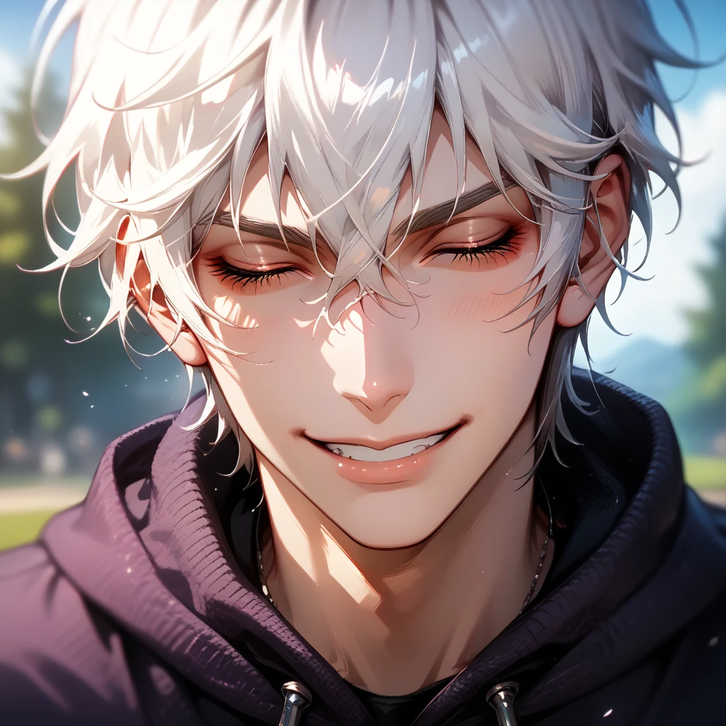 (Masterpiece), best quality, highest quality, highly detailed CG unity 8k wallpaper, original, high resolution, (depth of field: 1.5), fidelity: 1.3, Solo Male, short white hair between eyes, eyes closed, small smile, looking innocent, did nothing wrong, flirty, purple hoodie, 