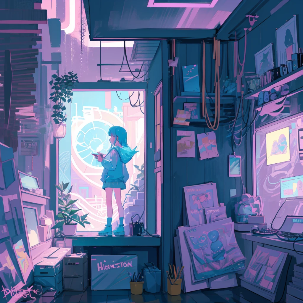 This is a (((lofi anime art print))) of a dreamy and soft empty y2k bedroom. The bedroom is cozy and nostalgic. ((The lofi and y2k aesthetic are important.)) Include a cluttered desk and bookcase filled with vintage charm. Include a retro computer on the desk. There are no people in this image. A prominent window in the serene bedroom overlooks a simple pastel city twinkling with stars and a mesmerizing meteor shower. Bathe this artwork in pastel purples, blues, and pinks, creating a dreamy, whimsical, and soft atmosphere. Peaceful mood, soft lighting, dreamy atmosphere, photographic, cinematic, intricate details, high quality, masterpiece, Art Lofi, Null Art Style, Lofi Sensation, portrait of lofi, Lofi Colors, null, lo-fi art, Lofi Vibes , Lofi atmosphere, Lofi hip hop, (Lofi Girl Aesthetics), computer aesthetic, ((dreamcore aesthetic)), (((y2k aesthetic))), y 2 k aesthetic, dreamy aesthetic, office background, background art, highschool background, gamer aesthetic, kawaii aesthetic, wallpaper aesthetic, dreamy illustration, soft aesthetic, cyber aesthetic, magical colored theme, toon aesthetic, violet colored theme, light academia aesthetic