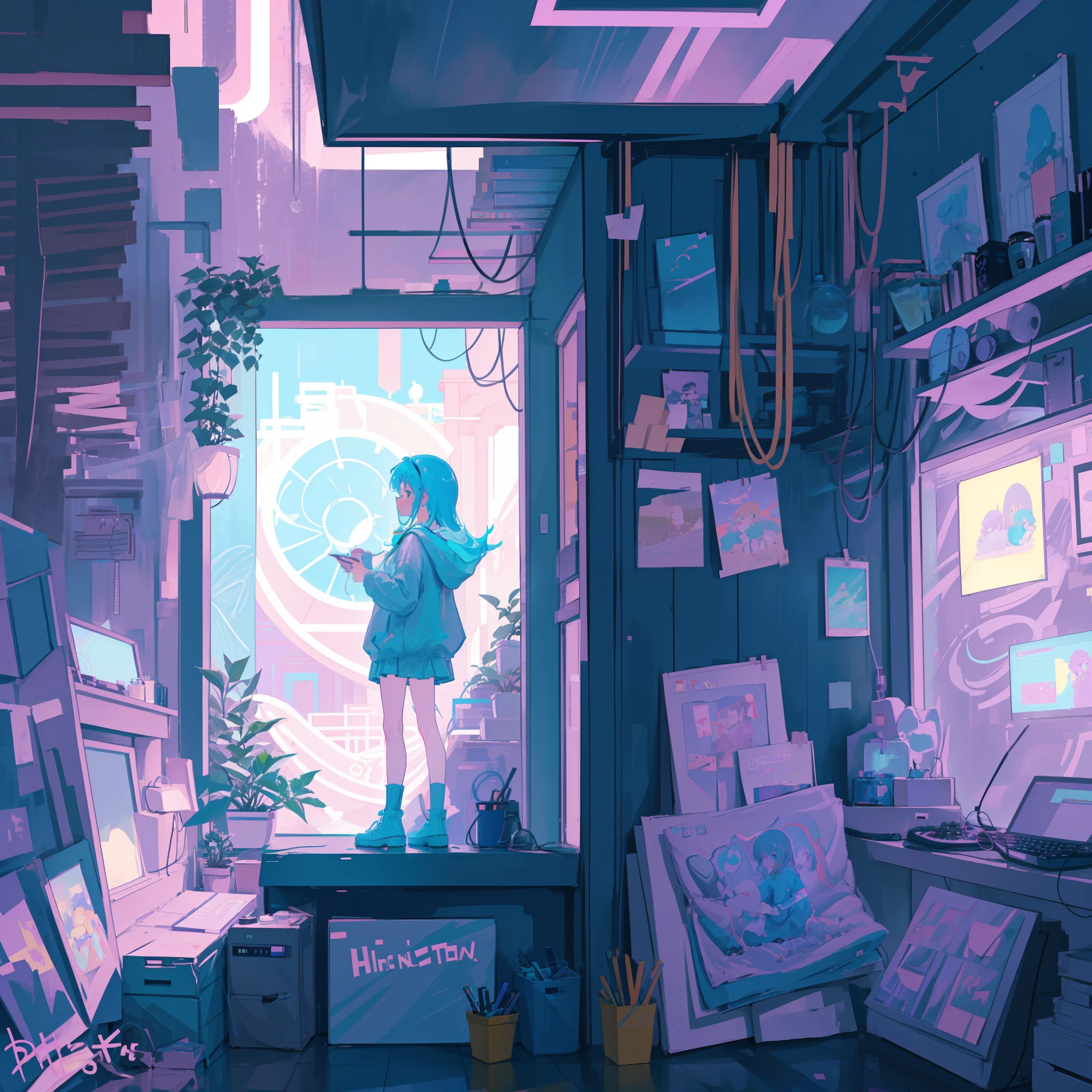 This is a (((lofi anime art print))) of a dreamy and soft empty y2k bedroom. The bedroom is cozy and nostalgic. ((The lofi and y2k aesthetic are important.)) Include a cluttered desk and bookcase filled with vintage charm. Include a retro computer on the desk. There are no people in this image. A prominent window in the serene bedroom overlooks a simple pastel city twinkling with stars and a mesmerizing meteor shower. Bathe this artwork in pastel purples, blues, and pinks, creating a dreamy, whimsical, and soft atmosphere. Peaceful mood, soft lighting, dreamy atmosphere, photographic, cinematic, intricate details, high quality, masterpiece, Art Lofi, Null Art Style, Lofi Sensation, portrait of lofi, Lofi Colors, null, lo-fi art, Lofi Vibes , Lofi atmosphere, Lofi hip hop, (Lofi Girl Aesthetics), computer aesthetic, ((dreamcore aesthetic)), (((y2k aesthetic))), y 2 k aesthetic, dreamy aesthetic, office background, background art, highschool background, gamer aesthetic, kawaii aesthetic, wallpaper aesthetic, dreamy illustration, soft aesthetic, cyber aesthetic, magical colored theme, toon aesthetic, violet colored theme, light academia aesthetic