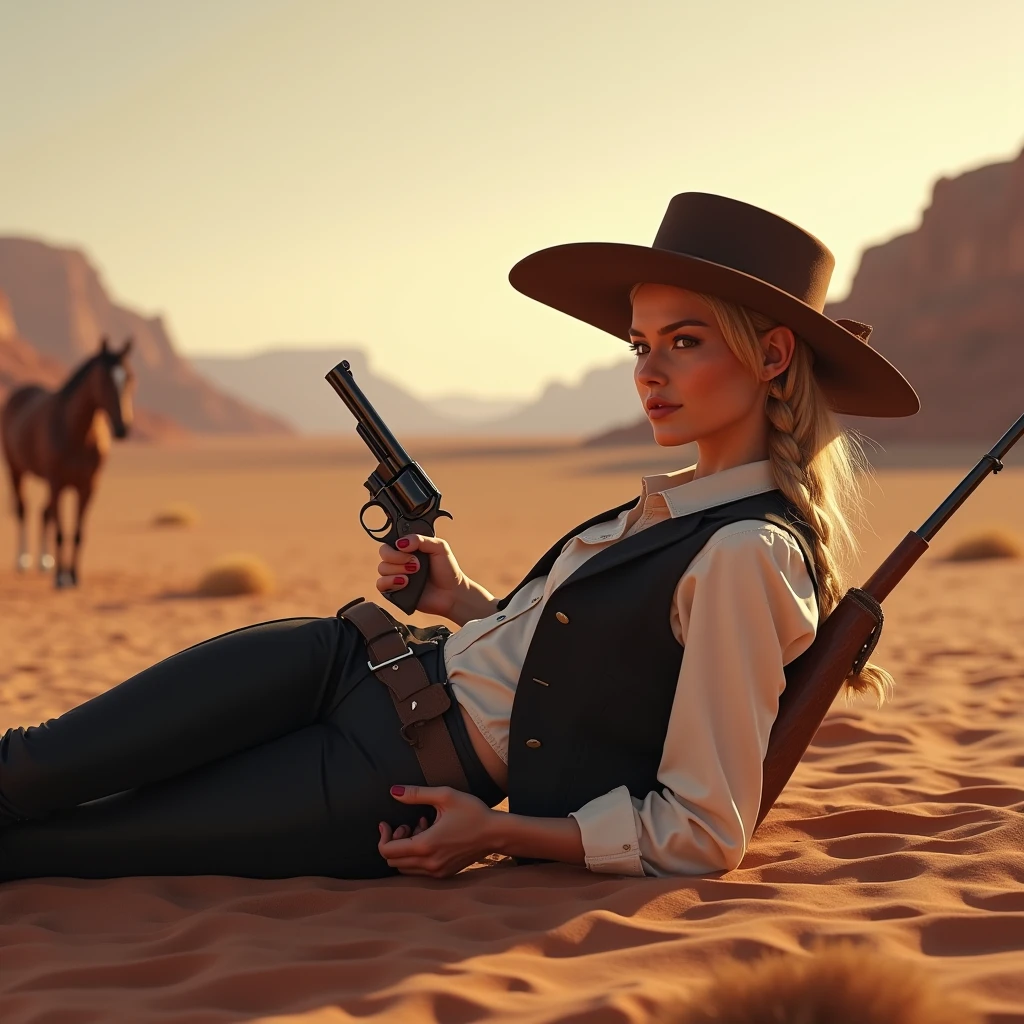 score_9, score_8_up, score_7_up,, fit woman,1 female, 18 year old, sandy blonde hair, big side braid, slender body, dirt button up shirt, sleeves rolled up, unbuttoned, half tucked into pants, dirty pants, cowboy boots, suspenders, hands on her hips, outside, saloon, wild west, dirty, gritty, dusty, sandstorm, lasso whip. leg lifted, foot on a barrel, tattered cowboy hat