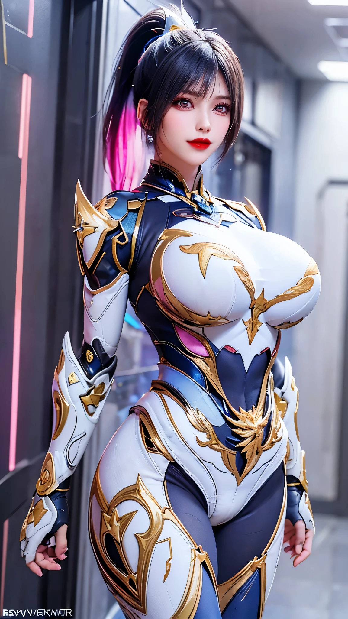 A beauty girl with (blue pink multiple color ponytail long hair:1.5), 1GIRL, (CLOSE UP UPPER BODY:0.8), (COWBOY SHOT PORTRAIT:1.3), (GOLD DRAGON HEAD ACCESORIES:1.3),((REAVEAL HUGE FAKE BREASTS:1.5)), (11 line ABS:1.3), ((MECHA GUARD (RGB COLOR) ARMS, SHOULDER ARMOR NEON LINE (LED) BODY:1.2)), (SHINY CRYSTAL STELLAR STAR ARMOR OVERWATCH,WHITE SKINTIGHT MECHA ARMOR  SUIT:1.5), ((HOURGLASS BODY, GLOWING BODY PALE SKIN:1.1)), (LOOKING AT VIEWER:1.6), (HALLWAY OF FUTURISTIC SPACE STATION:1.3), (BRIGHT LIGHT WHITE_ROOM:1.3), HYPER TEXTURE, UNREAL ENGINE RENDER, PHYSICALLY-BASED RENDERING, ULTRA HIGHT DEFINITION, 16K, DSLR, 1080P.