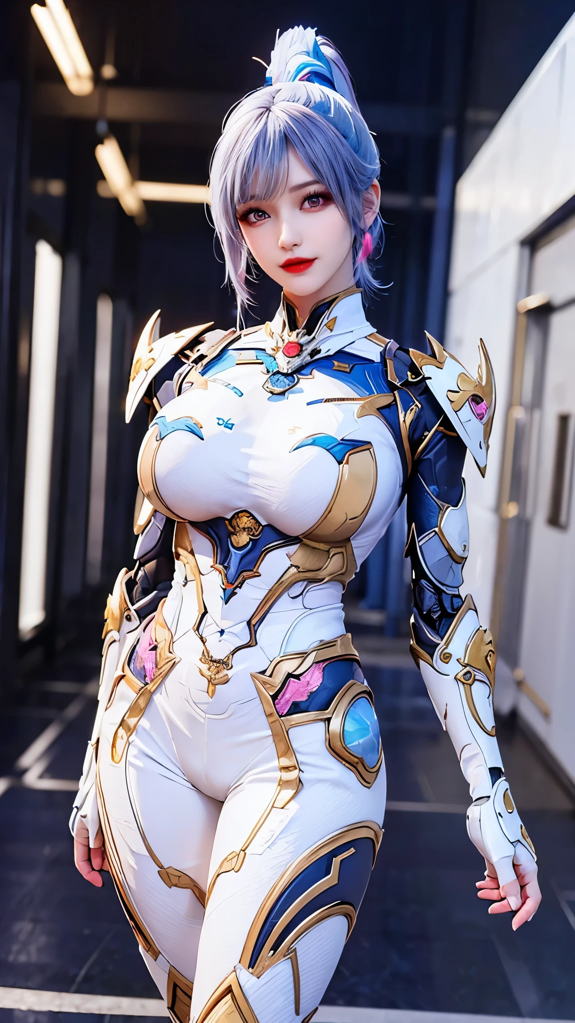 A beauty girl with (blue pink multiple color ponytail long hair:1.5), 1GIRL, (CLOSE UP UPPER BODY:0.8), (COWBOY SHOT PORTRAIT:1.3), (GOLD DRAGON HEAD ACCESORIES:1.3),((REAVEAL HUGE FAKE BREASTS:1.5)), (11 line ABS:1.3), ((MECHA GUARD (RGB COLOR) ARMS, SHOULDER ARMOR NEON LINE (LED) BODY:1.2)), (SHINY CRYSTAL STELLAR STAR ARMOR OVERWATCH,WHITE SKINTIGHT MECHA ARMOR  SUIT:1.5), ((HOURGLASS BODY, GLOWING BODY PALE SKIN:1.1)), (LOOKING AT VIEWER:1.6), (HALLWAY OF FUTURISTIC SPACE STATION:1.3), (BRIGHT LIGHT WHITE_ROOM:1.3), HYPER TEXTURE, UNREAL ENGINE RENDER, PHYSICALLY-BASED RENDERING, ULTRA HIGHT DEFINITION, 16K, DSLR, 1080P.