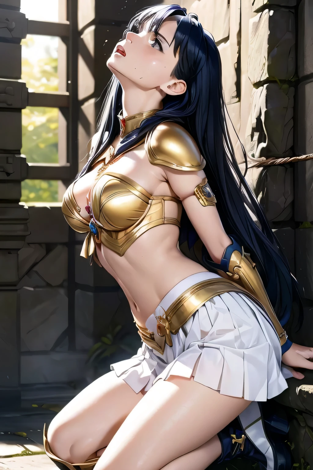 Masterpiece, best quality , High Resolution ,4K, super detailed skin, break Anime girl in white dress, zodiac night girl, portrait zodiac night girl, Anime Goddess, Rogue anime girl Ayanami Rei , break 1 woman, 18 years old, Perfect Female Body, beautiful woman, ELEGANT MATURE WOMAN , beautiful eyes, break (( flat chest)), (((perky breasts))), slender body,
BREAK ((((internal)))), (((torture chamber))), ((( Midnight))),
BREAK ((BDSM)), chain, bondage, bondage, torture, The Dungeon, Captivity, slave,
BREAK (((Bondage))), overhead shot, ((((arched back)))), ((Rope Bound to the Chest)), ((((Rope Ties the Lower Chest)))), (((Tie Her Upper Body with a Rope))), (((her wrist is wrapped with a rope))),
BREAK armor knight, (((Golden metal breastplate))), Very Finely Decorated Gold Armor, (((navel in crop top))), strapless dress, Bare shoulders, (( Cleevidge )), Bare back, Bare arms, (( Gold Armor Knee High Boots )), ( Gold Metallic High Heel Boots ), (( thigh-length socks)), Gold Metal Armlets , Gold Metal Choker , Princess Blade , ((((( white pleated skirt))))), midi skirt, ((( Sheer Pleated Skirt))), wet clothes, (Drooping), White Panties , Crotch seam,
BREAK ((beautiful dark blue hair)), (Long hair), (straight hair), (silky hair), ((asymmetrical bangs)), ((hair between eyes)), Sideways bang, ((Forehead)), wet Hair, 46 points oblique bangs, ((beautiful dark navy eyes)), gloss light pink lipstick,
BREAK Gazing into the Distance, ((The girl is resisting desperately)), ((Turning Head Away)), expression of patience, ((blush)), v-shaped eyebrows, ((open mouth)), ((narrow eyes)), (saliva stains), ((sweating face)), ((steam)), (((breath))), (glossy skin), ((sweating skin)), ((wet skin)), ((droplets of sweat)),
BREAK plain wall, ultra detail, (photo- realistic:1.37), digital paint, oil, very detailed on trends, hyper realistic, natural light, Dramatic Lighting, Warm Tones,