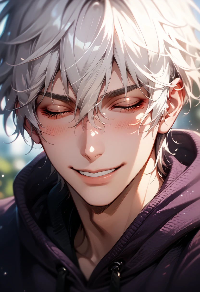 (Masterpiece), best quality, highest quality, highly detailed CG unity 8k wallpaper, original, high resolution, (depth of field: 1.5), fidelity: 1.3, Solo Male, short white hair between eyes, eyes closed, small smile, looking innocent, did nothing wrong, flirty, purple hoodie, blush, zoomed out shot, 