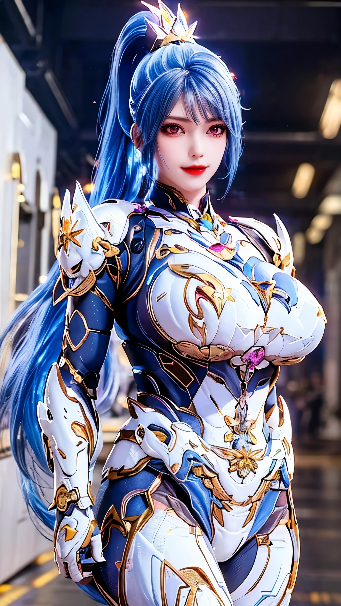 A beauty girl with (blue pink multiple color ponytail long hair:1.5), 1GIRL, (CLOSE UP UPPER BODY:0.8), (COWBOY SHOT PORTRAIT:1.3), (GOLD DRAGON HEAD ACCESORIES:1.3),((REAVEAL HUGE FAKE BREASTS:1.5)), (11 line ABS:1.3), ((MECHA GUARD (RGB COLOR) ARMS, SHOULDER ARMOR NEON LINE (LED) BODY:1.2)), (SHINY CRYSTAL STELLAR STAR ARMOR OVERWATCH,WHITE SKINTIGHT MECHA ARMOR  SUIT:1.5), ((HOURGLASS BODY, GLOWING BODY PALE SKIN:1.1)), (LOOKING AT VIEWER:1.6), (HALLWAY OF FUTURISTIC SPACE STATION:1.3), (BRIGHT LIGHT WHITE_ROOM:1.3), HYPER TEXTURE, UNREAL ENGINE RENDER, PHYSICALLY-BASED RENDERING, ULTRA HIGHT DEFINITION, 16K, DSLR, 1080P.