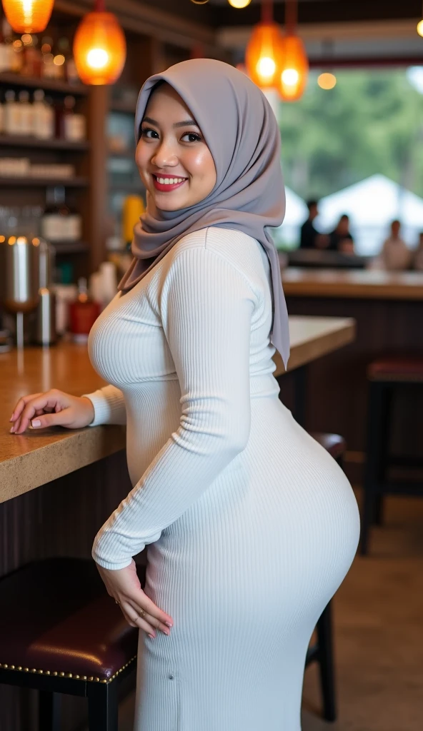 1 woman, woman wearing a hijab, asian woman, shy woman, nervous facial expression, cute, charming, big breasts, big hips, wearing tight clothes, sitting on a chair and on the table there is coffee and bread, the woman is in a luxurious coffee shop