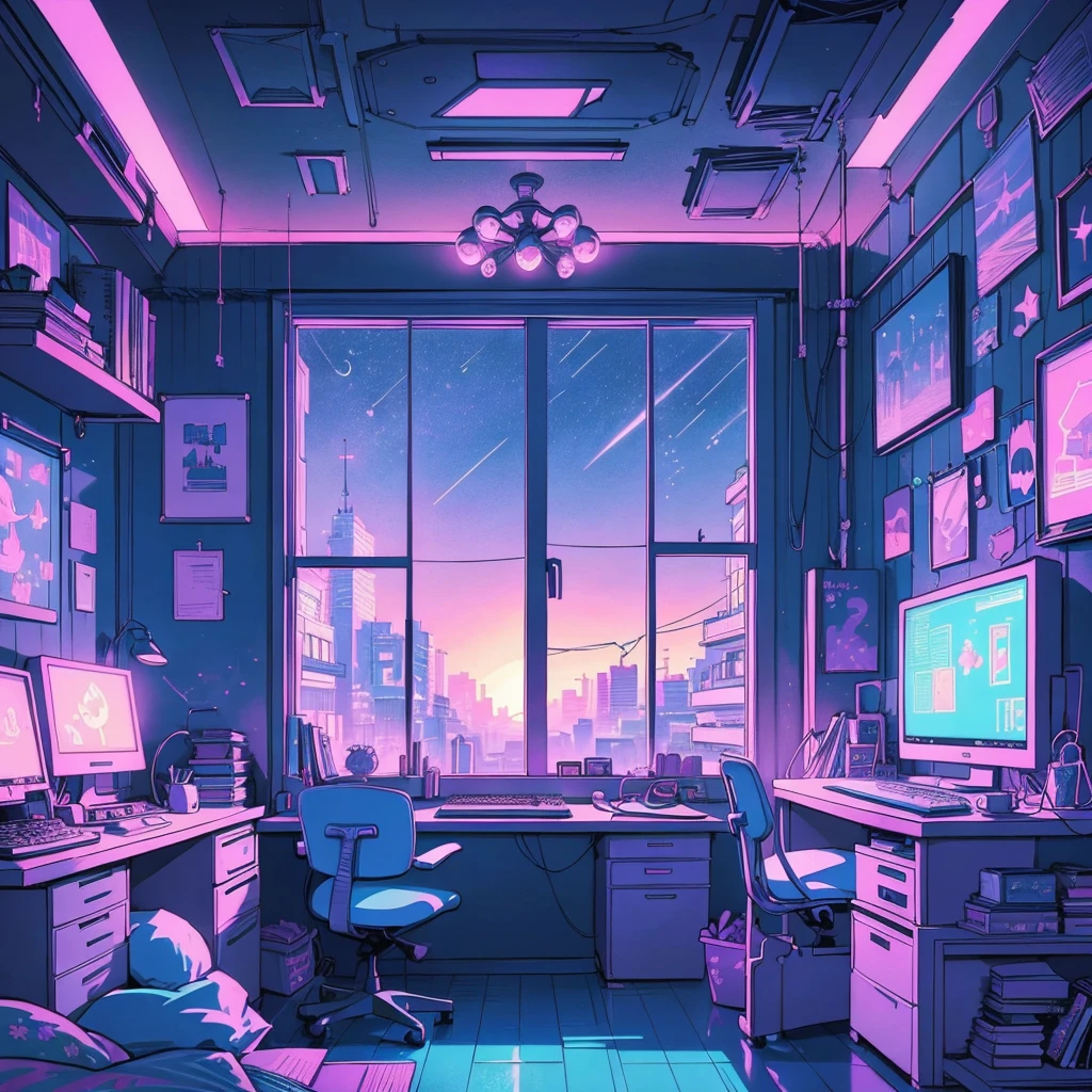 This is a (((lofi anime art print))) of a dreamy and soft y2k bedroom. The bedroom is cozy and nostalgic. ((The lofi and y2k aesthetic are important.)) Include a cluttered desk and bookcase filled with vintage charm. Include a retro computer on the desk. ((There are no people in this image.)) A prominent window in the serene bedroom overlooks a simple pastel city twinkling with stars and a mesmerizing meteor shower. Bathe this artwork in pastel purples, blues, and pinks, creating a dreamy, whimsical, and soft atmosphere. Peaceful mood, soft lighting, dreamy atmosphere, photographic, cinematic, intricate details, high quality, masterpiece, Art Lofi, Null Art Style, Lofi Sensation, portrait of lofi, Lofi Colors, null, lo-fi art, Lofi Vibes , Lofi atmosphere, Lofi hip hop, (Lofi Girl Aesthetics), computer aesthetic, ((dreamcore aesthetic)), (((y2k aesthetic))), y 2 k aesthetic, dreamy aesthetic, office background, background art, highschool background, gamer aesthetic, kawaii aesthetic, wallpaper aesthetic, dreamy illustration, soft aesthetic, cyber aesthetic, magical colored theme, toon aesthetic, violet colored theme, light academia aesthetic