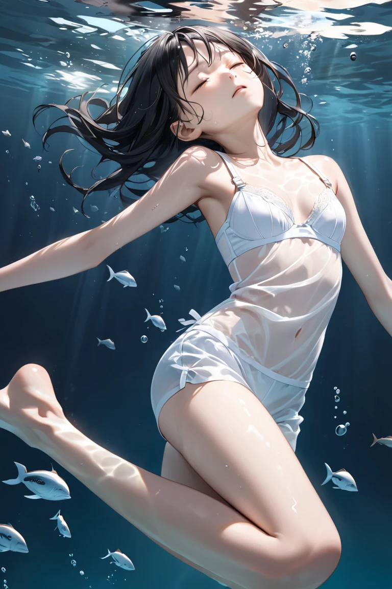 Beautiful woman floating peacefully on clear sparkling shallow water。She is wearing a white seashell bikini、The sunlight reflects off the water surface。The water is vibrant shades of blue and green、There are shells scattered all around her.。In this scene, he has his eyes closed and looks comfortable in the calm waves.。Sparkling and beautifully floating。