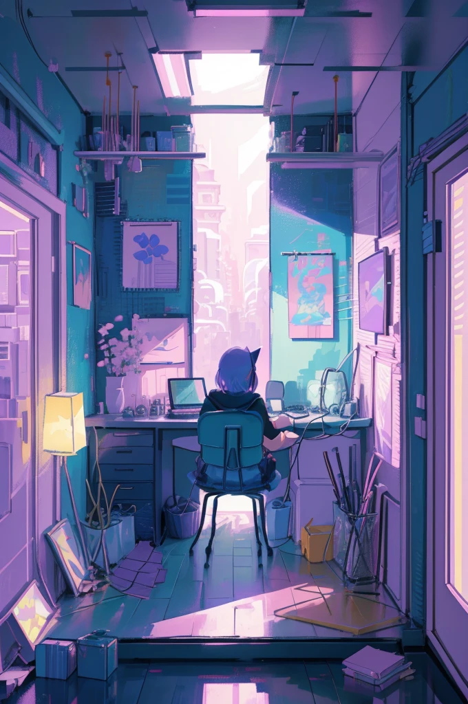 This is a (((lofi anime art print))) of a (((dreamy and soft y2k bedroom))). The bedroom is cozy and nostalgic. ((The lofi and y2k aesthetic are important.)) Include a cluttered desk and bookcase filled with vintage charm. Include a retro computer on the desk. There are no people in this image. A prominent window in the serene bedroom overlooks a simple pastel city twinkling with stars and a mesmerizing meteor shower. Bathe this artwork in pastel purples, blues, and pinks, creating a dreamy, whimsical, and soft atmosphere. Peaceful mood, soft lighting, dreamy atmosphere, photographic, cinematic, intricate details, high quality, masterpiece, Art Lofi, Null Art Style, Lofi Sensation, portrait of lofi, Lofi Colors, null, lo-fi art, Lofi Vibes , Lofi atmosphere, Lofi hip hop, (Lofi Girl Aesthetics), computer aesthetic, ((dreamcore aesthetic)), (((y2k aesthetic))), y 2 k aesthetic, dreamy aesthetic, office background, background art, highschool background, gamer aesthetic, kawaii aesthetic, wallpaper aesthetic, dreamy illustration, soft aesthetic, cyber aesthetic, magical colored theme, toon aesthetic, violet colored theme, light academia aesthetic