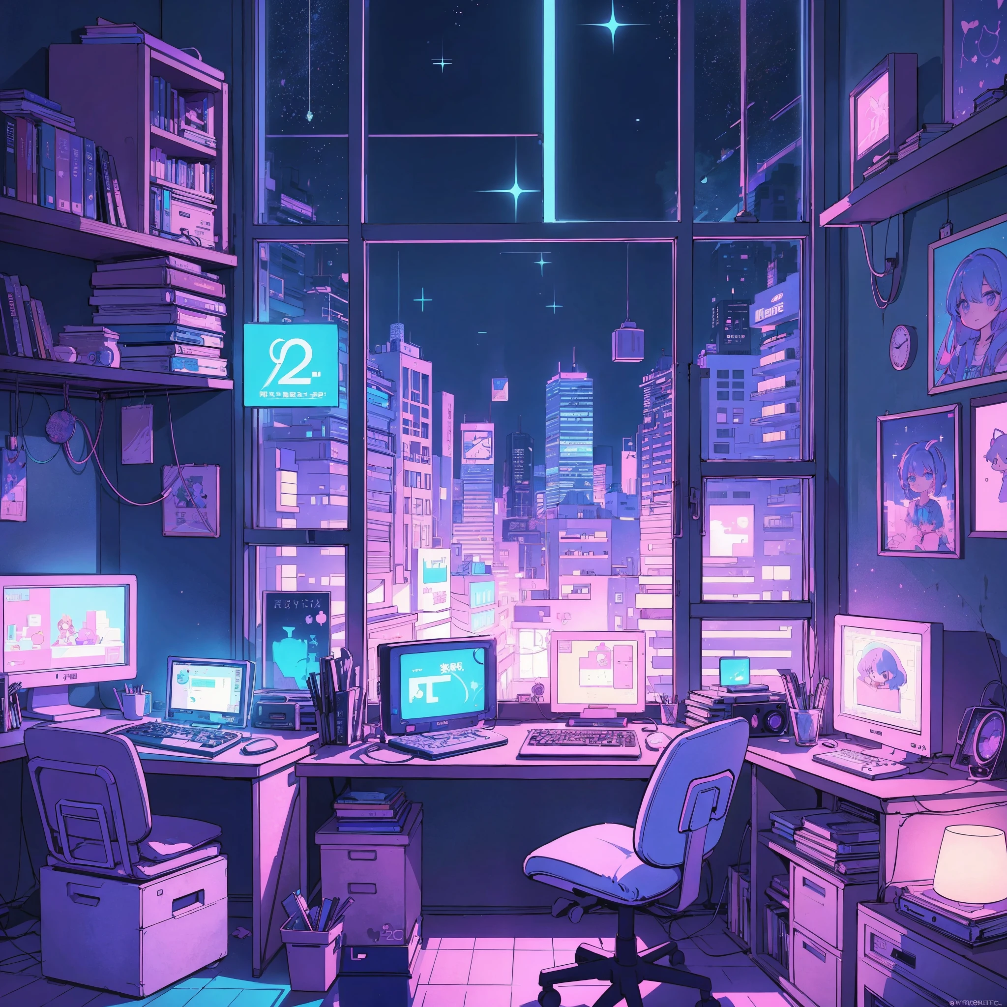 This is a (((lofi anime art print))) of a dreamy and soft y2k bedroom. The bedroom is cozy and nostalgic. ((The lofi and y2k aesthetic are important.)) Include a cluttered desk and bookcase filled with vintage charm. Include a retro computer on the desk. ((There are no people in this image.)) A prominent window in the serene bedroom overlooks a simple pastel city twinkling with stars and a mesmerizing meteor shower. Bathe this artwork in pastel purples, blues, and pinks, creating a dreamy, whimsical, and soft atmosphere. Peaceful mood, soft lighting, dreamy atmosphere, photographic, cinematic, intricate details, high quality, masterpiece, Art Lofi, Null Art Style, Lofi Sensation, portrait of lofi, Lofi Colors, null, lo-fi art, Lofi Vibes , Lofi atmosphere, Lofi hip hop, (Lofi Girl Aesthetics), computer aesthetic, ((dreamcore aesthetic)), (((y2k aesthetic))), y 2 k aesthetic, dreamy aesthetic, office background, background art, highschool background, gamer aesthetic, kawaii aesthetic, wallpaper aesthetic, dreamy illustration, soft aesthetic, cyber aesthetic, magical colored theme, toon aesthetic, violet colored theme, light academia aesthetic