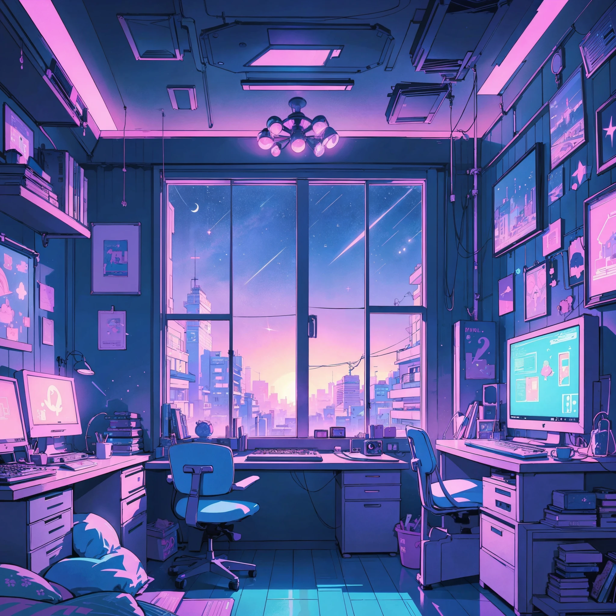 This is a (((lofi anime art print))) of a dreamy and soft y2k bedroom. The bedroom is cozy and nostalgic. ((The lofi and y2k aesthetic are important.)) Include a cluttered desk and bookcase filled with vintage charm. Include a retro computer on the desk. ((There are no people in this image.)) A prominent window in the serene bedroom overlooks a simple pastel city twinkling with stars and a mesmerizing meteor shower. Bathe this artwork in pastel purples, blues, and pinks, creating a dreamy, whimsical, and soft atmosphere. Peaceful mood, soft lighting, dreamy atmosphere, photographic, cinematic, intricate details, high quality, masterpiece, Art Lofi, Null Art Style, Lofi Sensation, portrait of lofi, Lofi Colors, null, lo-fi art, Lofi Vibes , Lofi atmosphere, Lofi hip hop, (Lofi Girl Aesthetics), computer aesthetic, ((dreamcore aesthetic)), (((y2k aesthetic))), y 2 k aesthetic, dreamy aesthetic, office background, background art, highschool background, gamer aesthetic, kawaii aesthetic, wallpaper aesthetic, dreamy illustration, soft aesthetic, cyber aesthetic, magical colored theme, toon aesthetic, violet colored theme, light academia aesthetic