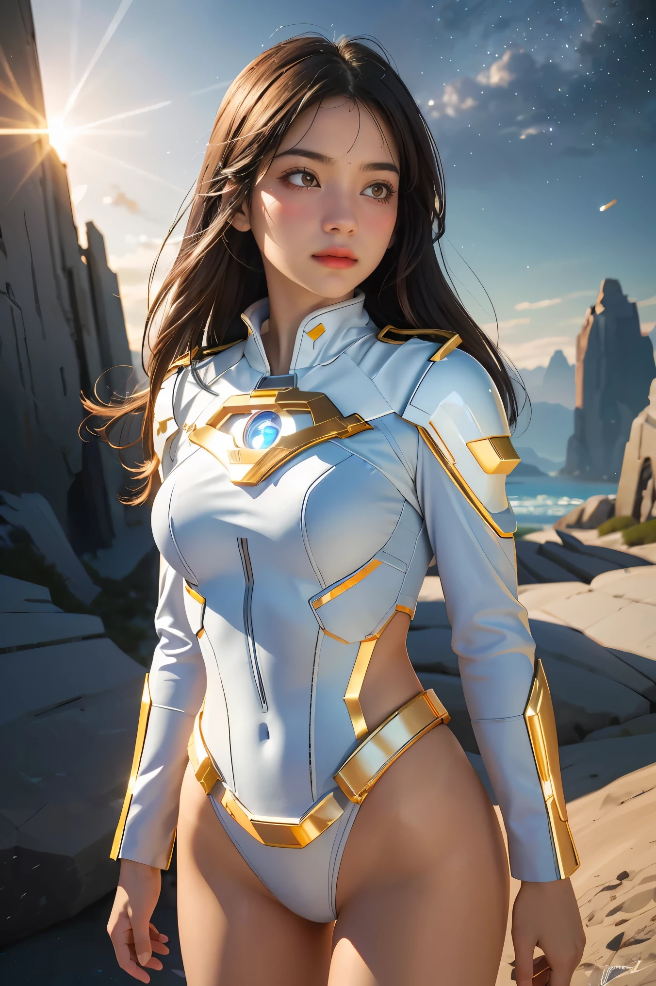 ((masterpiece, best quality, extremely detailed), volumetric lighting, ambient occlusion, colorful, glowing),
1girl, solo, young girl, (dark hair), long hair, halo, aura, sacred, goddess, cleric suit, (white outfit with gold detailst:1.3), armor,
outdoors, sunset, sky, clouds, space, (fantasy theme:1.2),ม 1girl, full body, Illustration, cinematic light, high resolution, best quality, ultra-detailed, masterpiece, power suit, powerranger, suit, spd,