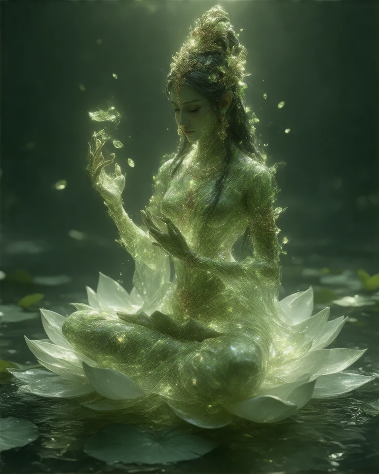 ((RAW Photo), absurd, (absurdresolution)), masterpiece, best quality, (Extremely detailed 8k unity CG wallpaper), (best illustration), (best shadow), Realistic lighting, beautiful detailed glow, A radiant and ethereal depiction of Goddess Lakshmi, reimagined as a luminous, transparent crystalline figure seated on a blooming lotus in a serene pond. Her hourglass form showcases an intricate internal ecosystem, with miniature plants, delicate moss, and vibrant flowers sprouting from within her translucent body. Adorned in a shimmering red and gold saree that seamlessly blends with her crystalline form, she radiates a soft, golden aura. Her four arms hold symbolic objects: a pot of gold coins glowing with life, a lotus pulsating with light, a hand raised in blessing, and another showering coins that transform into sprouting flowers as they touch the ground. White elephants gracefully pour water from golden vessels, their reflections merging with the glowing pond. The background is a dreamy bokeh of dusk-to-night colors, blending celestial light with surreal organic growth. Her medium-length hairstyle is woven from the vibrant foliage and flowers within her, symbolizing biodiversity and divine prosperity. Rendered in stunning 3D digital art, every detail of her skin, jewelry, and surroundings reflects photorealistic textures, with a focus on the interplay of light and shadow that highlights her fragile yet divine crystalline form.