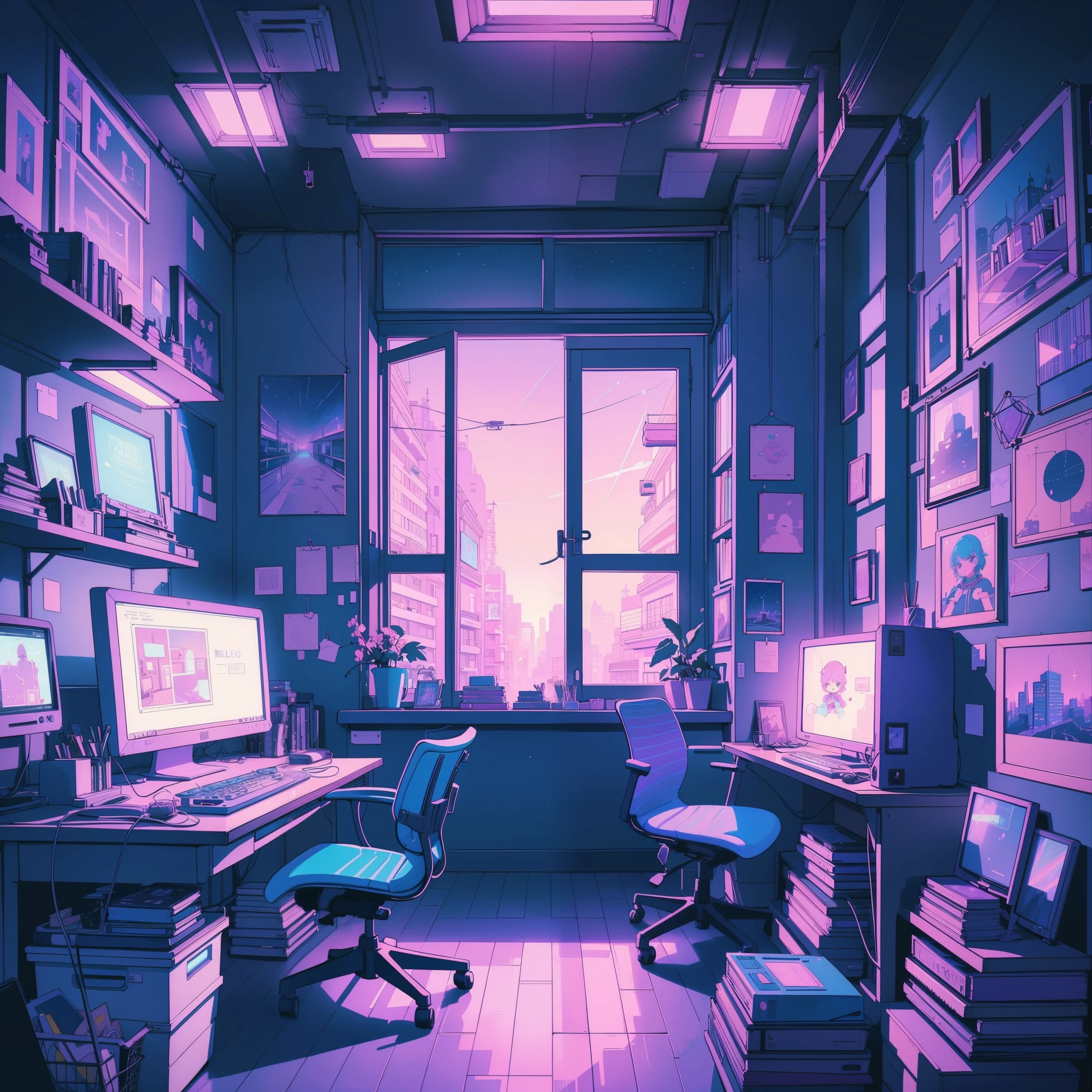 This is a (((lofi anime art print))) of a dreamy and soft y2k bedroom. The bedroom is cozy and nostalgic. ((The lofi and y2k aesthetic are important.)) Include a cluttered desk and bookcase filled with vintage charm. Include a retro computer on the desk. ((There are no people in this image.)) A prominent window in the serene bedroom overlooks a simple pastel city twinkling with stars and a mesmerizing meteor shower. Bathe this artwork in pastel purples, blues, and pinks, creating a dreamy, whimsical, and soft atmosphere. Peaceful mood, soft lighting, dreamy atmosphere, photographic, cinematic, intricate details, high quality, masterpiece, Art Lofi, Null Art Style, Lofi Sensation, portrait of lofi, Lofi Colors, null, lo-fi art, Lofi Vibes , Lofi atmosphere, Lofi hip hop, (Lofi Girl Aesthetics), computer aesthetic, ((dreamcore aesthetic)), (((y2k aesthetic))), y 2 k aesthetic, dreamy aesthetic, office background, background art, highschool background, gamer aesthetic, kawaii aesthetic, wallpaper aesthetic, dreamy illustration, soft aesthetic, cyber aesthetic, magical colored theme, toon aesthetic, violet colored theme, light academia aesthetic