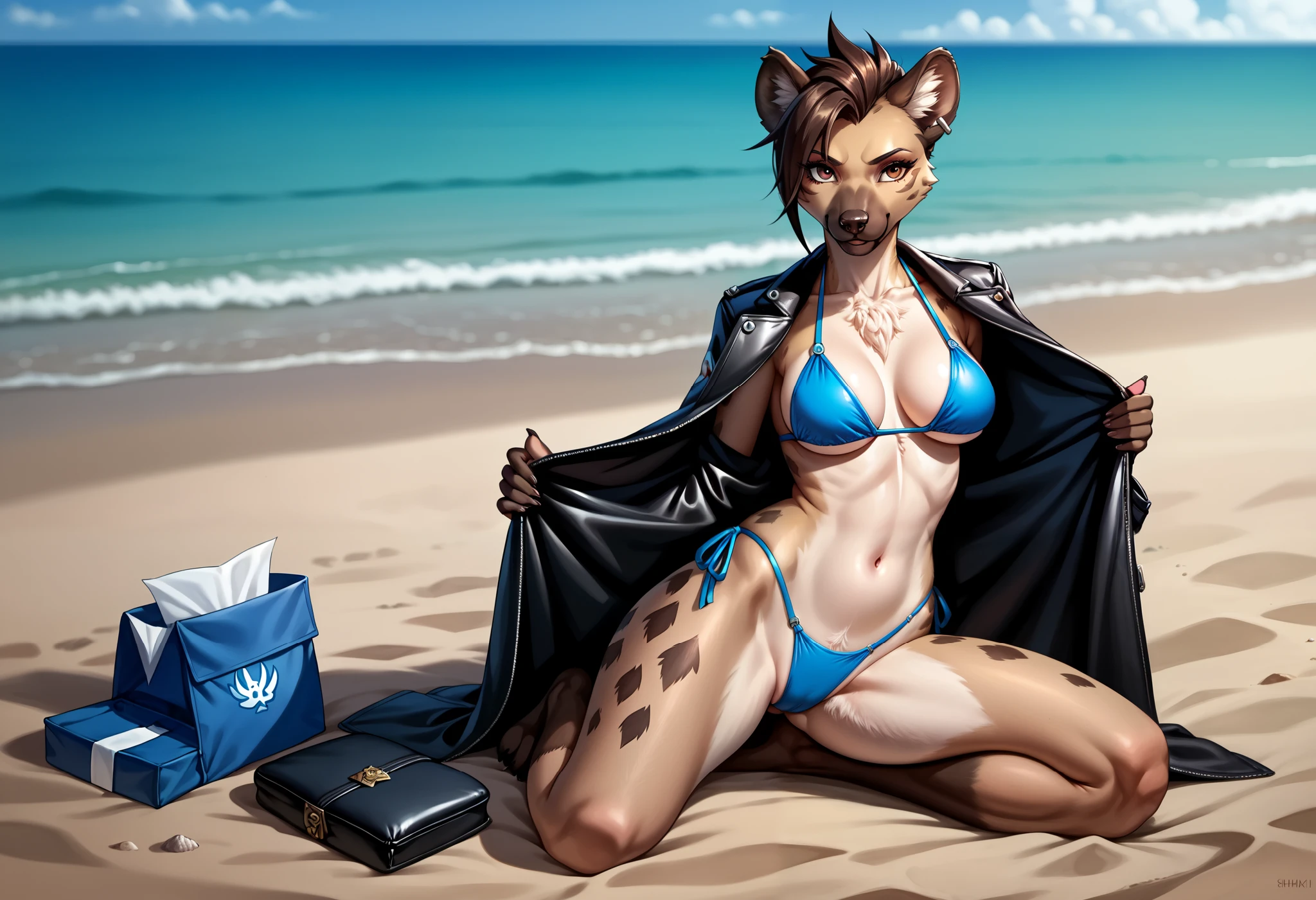 ((((sfw)))), uploaded the e621, beautiful and detailed,woman (((female))) ((anthro)) hyena, Ross Tran, by ruan jia, by zaush, by foxovh, lighting cinematic, seductor, hyena anthro areola athletic beach bedroom_eyes blue_hair blush breasts camel_toe clothed clothing crop_top detailed_background digital_media_(artwork) female fur genitals hair hi_res hyaenid kneeling looking_at_viewer maiteik_(artist) mammal narrowed_eyes nipples open_mouth outside palm_tree pink_nipples pinup plant pose pouring pouring_on_breasts pouring_onto_self purple_eyes pussy sea seaside seductive shirt short_hair sitting smile smiling_at_viewer solo spreading swimwear tan_body tan_fur thong topwear translucent translucent_clothing tree underwear water watermark wet wet_clothing wide_hips