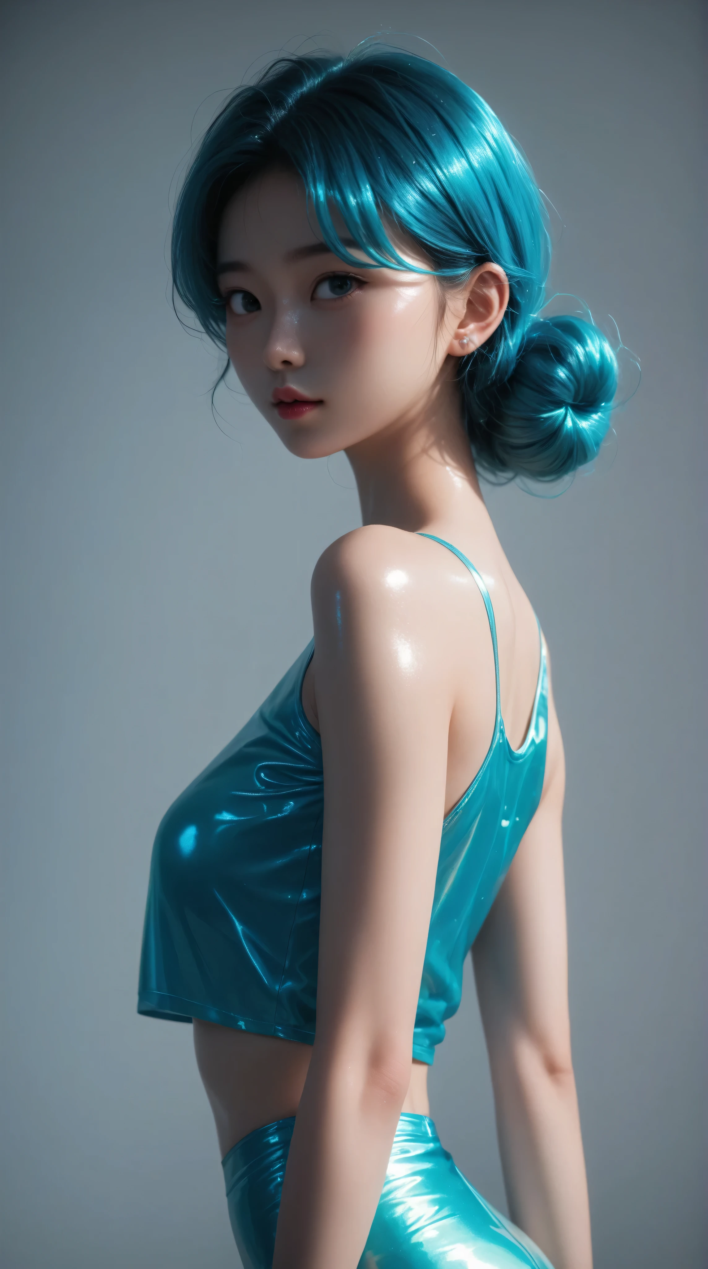 Kizi,Highly detailed, Amazing work,Vitreous luster,((clean backdrop)),In pink,(((blue colors))),green color,red colour,Best quality at best,clean backdrop, young korean girl, slender, shiny skin,