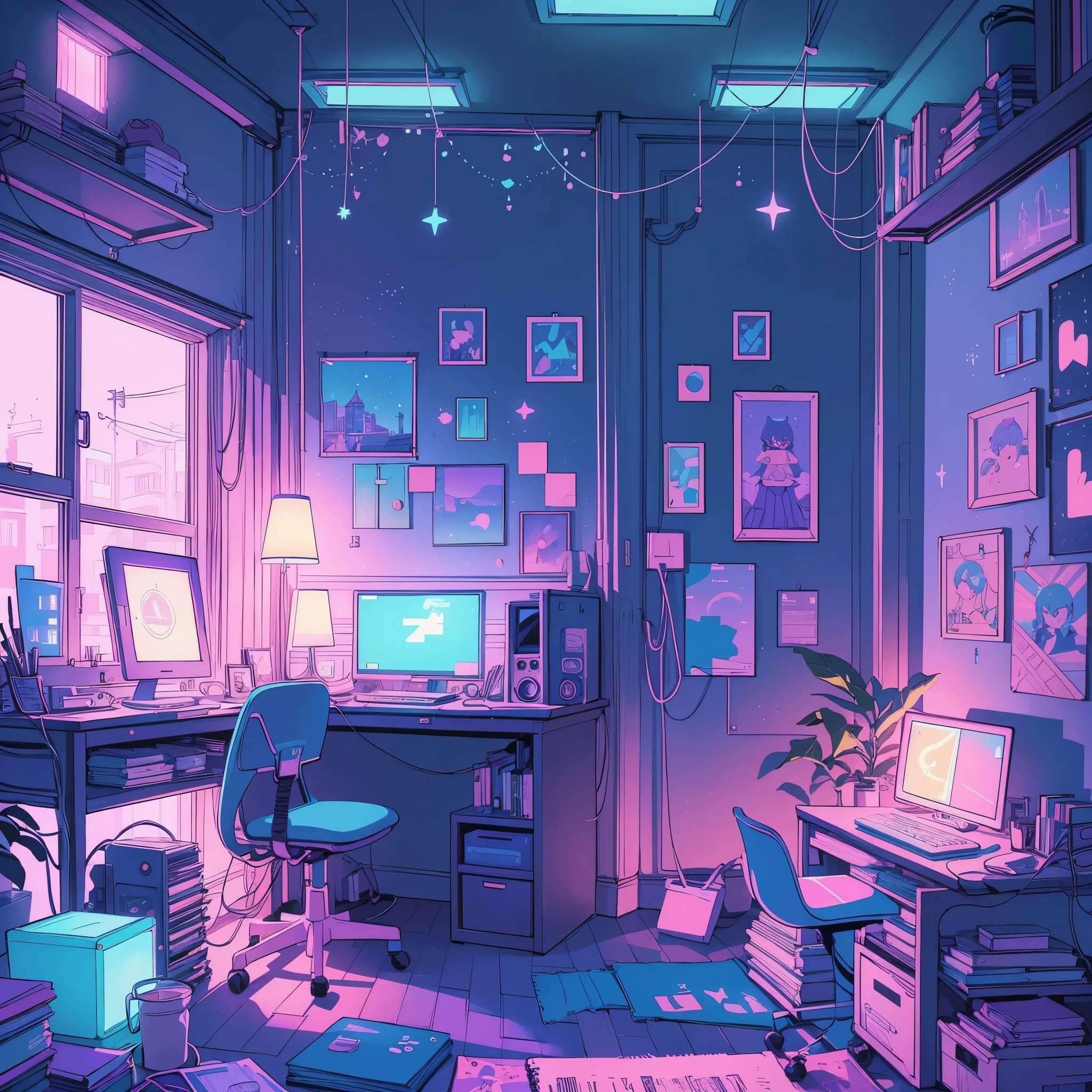 This is a (((lofi anime art print))) of a dreamy and soft y2k bedroom. The bedroom is cozy and nostalgic. ((The lofi and y2k aesthetic are important.)) Include a cluttered desk and bookcase filled with vintage charm. Include a retro computer on the desk. ((There are no people in this image.)) A prominent window in the serene bedroom overlooks a simple pastel city twinkling with stars and a mesmerizing meteor shower. Bathe this artwork in pastel purples, blues, and pinks, creating a dreamy, whimsical, and soft atmosphere. Peaceful mood, soft lighting, dreamy atmosphere, photographic, cinematic, intricate details, high quality, masterpiece, Art Lofi, Null Art Style, Lofi Sensation, portrait of lofi, Lofi Colors, null, lo-fi art, Lofi Vibes , Lofi atmosphere, Lofi hip hop, (Lofi Girl Aesthetics), computer aesthetic, ((dreamcore aesthetic)), (((y2k aesthetic))), y 2 k aesthetic, dreamy aesthetic, office background, background art, highschool background, gamer aesthetic, kawaii aesthetic, wallpaper aesthetic, dreamy illustration, soft aesthetic, cyber aesthetic, magical colored theme, toon aesthetic, violet colored theme, light academia aesthetic