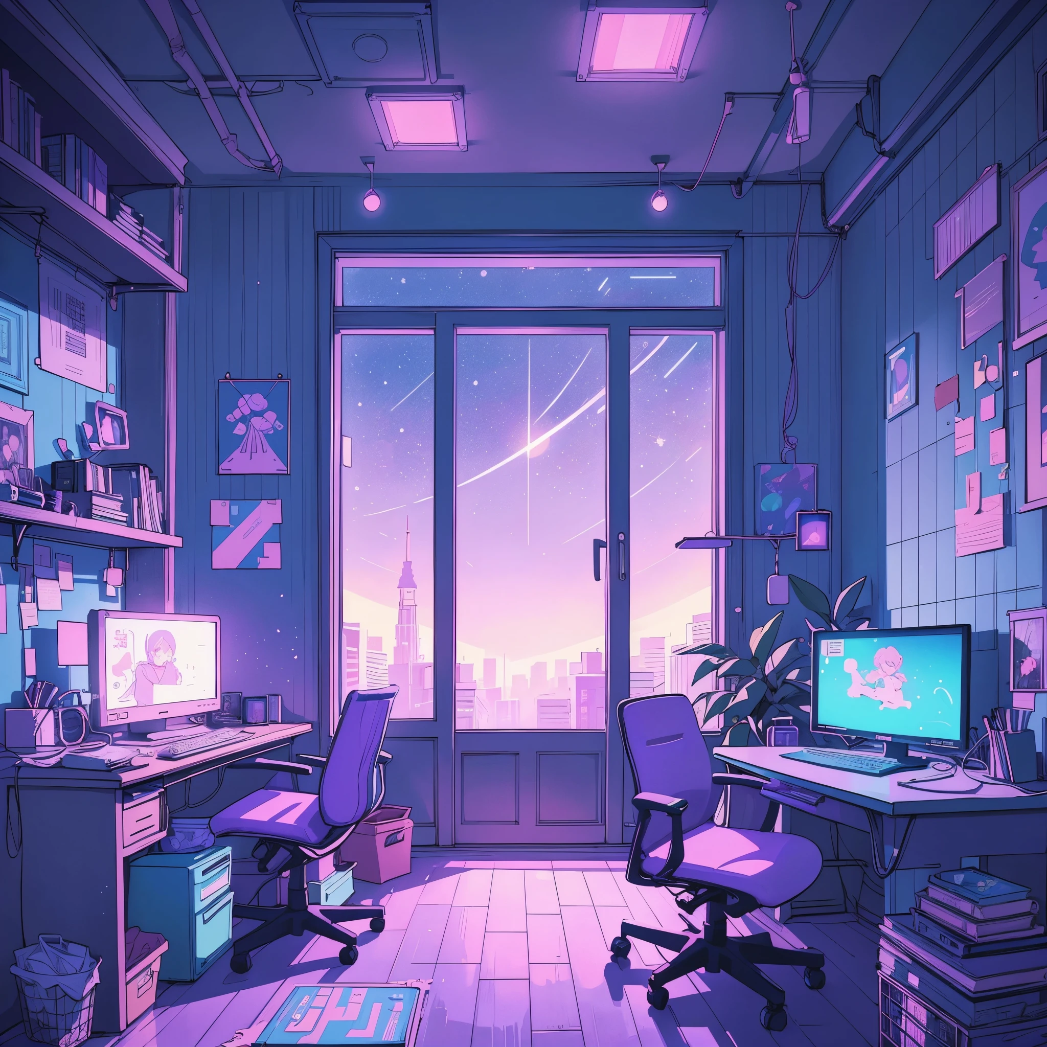 This is a (((lofi anime art print))) of a dreamy and soft y2k bedroom. The bedroom is cozy and nostalgic. ((The lofi and y2k aesthetic are important.)) Include a cluttered desk and bookcase filled with vintage charm. Include a retro computer on the desk. ((There are no people in this image.)) A prominent window in the serene bedroom overlooks a simple pastel city twinkling with stars and a mesmerizing meteor shower. Bathe this artwork in pastel purples, blues, and pinks, creating a dreamy, whimsical, and soft atmosphere. Peaceful mood, soft lighting, dreamy atmosphere, photographic, cinematic, intricate details, high quality, masterpiece, Art Lofi, Null Art Style, Lofi Sensation, portrait of lofi, Lofi Colors, null, lo-fi art, Lofi Vibes , Lofi atmosphere, Lofi hip hop, (Lofi Girl Aesthetics), computer aesthetic, ((dreamcore aesthetic)), (((y2k aesthetic))), y 2 k aesthetic, dreamy aesthetic, office background, background art, highschool background, gamer aesthetic, kawaii aesthetic, wallpaper aesthetic, dreamy illustration, soft aesthetic, cyber aesthetic, magical colored theme, toon aesthetic, violet colored theme, light academia aesthetic