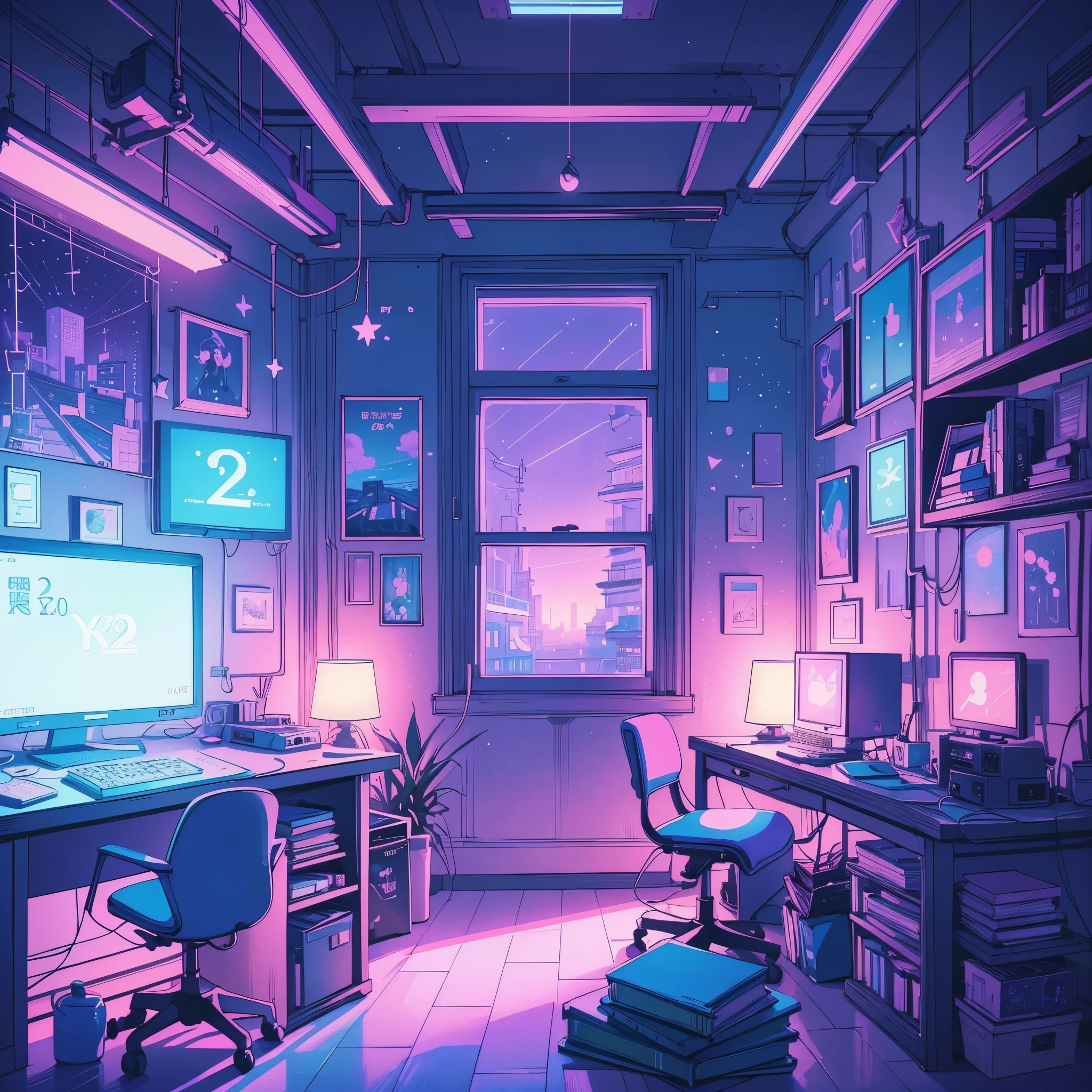 This is a (((lofi anime art print))) of a dreamy and soft y2k bedroom. The bedroom is cozy and nostalgic. ((The lofi and y2k aesthetic are important.)) Include a cluttered desk and bookcase filled with vintage charm. Include a retro computer on the desk. ((There are no people in this image.)) A prominent window in the serene bedroom overlooks a simple pastel city twinkling with stars and a mesmerizing meteor shower. Bathe this artwork in pastel purples, blues, and pinks, creating a dreamy, whimsical, and soft atmosphere. Peaceful mood, soft lighting, dreamy atmosphere, photographic, cinematic, intricate details, high quality, masterpiece, Art Lofi, Null Art Style, Lofi Sensation, portrait of lofi, Lofi Colors, null, lo-fi art, Lofi Vibes , Lofi atmosphere, Lofi hip hop, (Lofi Girl Aesthetics), computer aesthetic, ((dreamcore aesthetic)), (((y2k aesthetic))), y 2 k aesthetic, dreamy aesthetic, office background, background art, highschool background, gamer aesthetic, kawaii aesthetic, wallpaper aesthetic, dreamy illustration, soft aesthetic, cyber aesthetic, magical colored theme, toon aesthetic, violet colored theme, light academia aesthetic