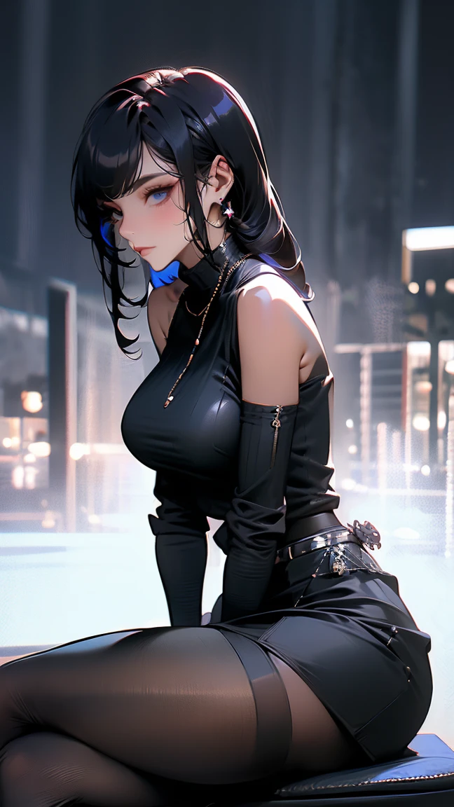 Cinema Lighting、(Key Light:Front 45 degree angle, Subsidy light、Backlight、Shadow、Blue and orange color palette), Accurate human body、Knowledgeable person、Correct five-finger、RAW Photos、4K - ultra-vivid、Highest quality, masterpiece, Ultra-high resolution, (reality: 1.4), (((Oilskin,Glowing Skin、Realistic skin texture、Fine and beautiful skin、Glowing Skin、Glowing Skin)))、 Beautiful youth, 19 year old, attractive, Cool((赤いHeavy makeup)) 1 person, Purple eyes, Off-the-shoulder goth dress, Cinema Lighting、purple and black hair、(mine 、Goth Makeup、My Makeup)、(Earrings、Big Breasts、An oversized black t-shirt with open shoulders、Dark Skirt)、((Heavy makeup、Oilskin,Glowing Skin、Realistic skin texture、Fine and beautiful skin、Glowing Skin)), Dark downtown at night、Goth Makeup、Dark Cyberpunk、(Full Shot:1.8)、Thin legs、Thin arms、Narrow shoulders、Narrow waist、Slender body、Beautiful breasts、whole body、Full of embarrassment、Sexy pose(((Exclamation mark, Moaning, Comic Strip, Moving lines, Motion Blur, Shaking violently, shout)))、